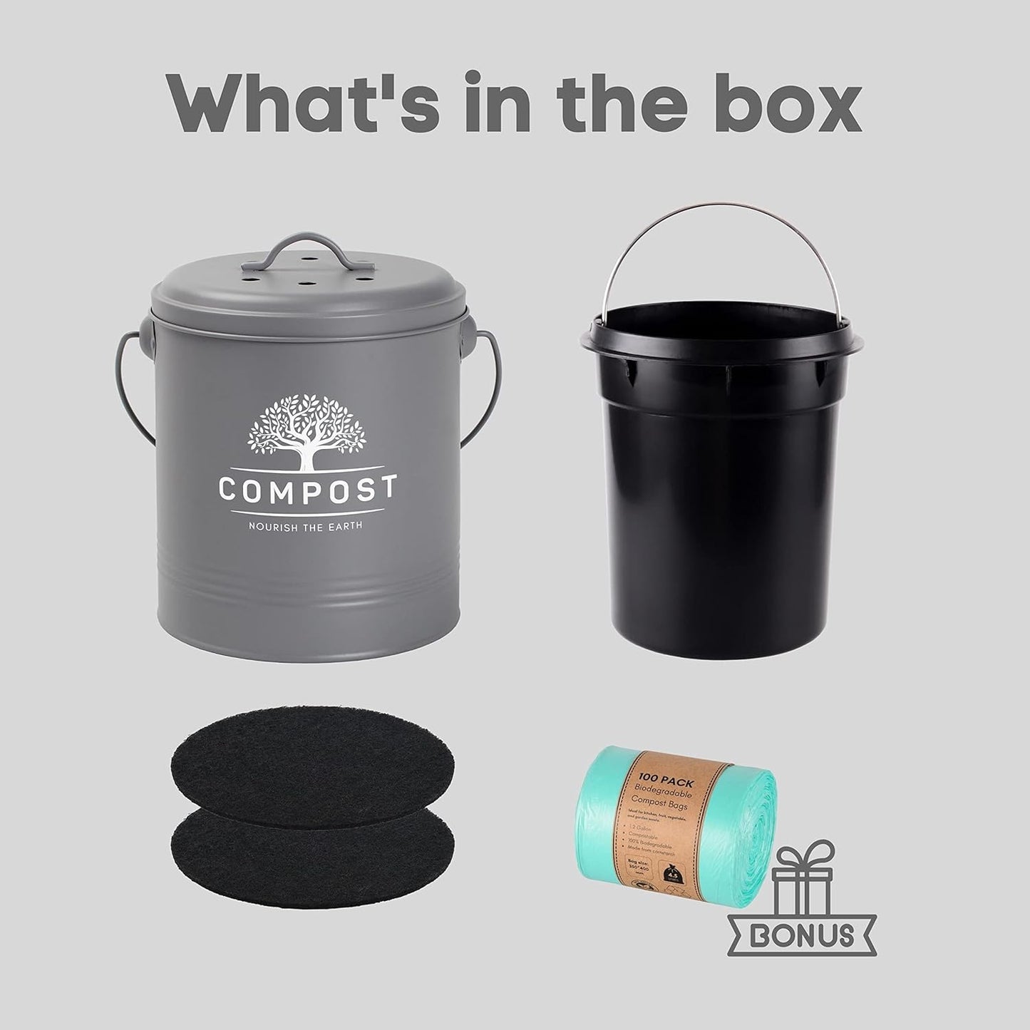 Perfnique Kitchen Compost Bin, 1.3 Gallon Countertop Compost Bin with Lid, Indoor Compost Bucket Includes Inner Bucket Liner and Carbon Filter, Small Compost Bin with Trash Bags (with Bags, Grey)