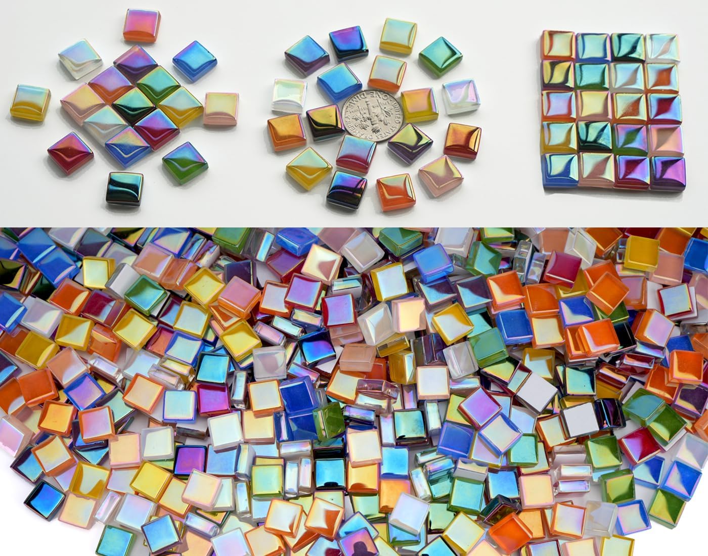 1100pcs Mixed Colors Iridescent Mosaic Tiles, 2.2lbs Crystal Glass Tiles, 3/8" Square Mosaic Tiles with Smooth Edges, 1KG Small Stained Glass Pieces Great for DIY Mosaic Crafts, Home Decor