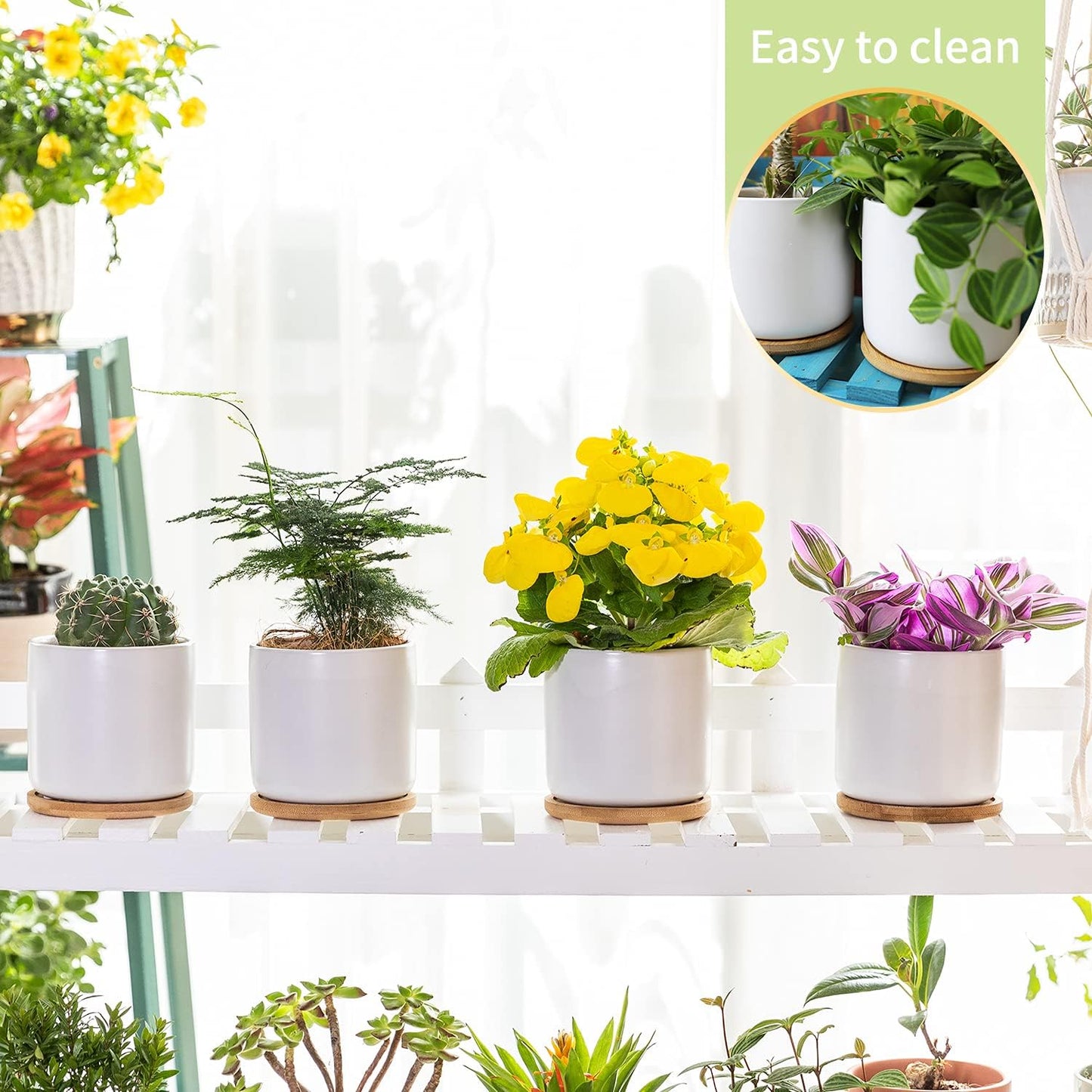 4 Inch Ceramic Plant Pots with Drainage Holes and Trays, Adorable Small Cylinder Flower Planter Pot with Saucers for Indoor Plants, Succulent, Snake Plants, Cactus & Herbs, White, Set of 4