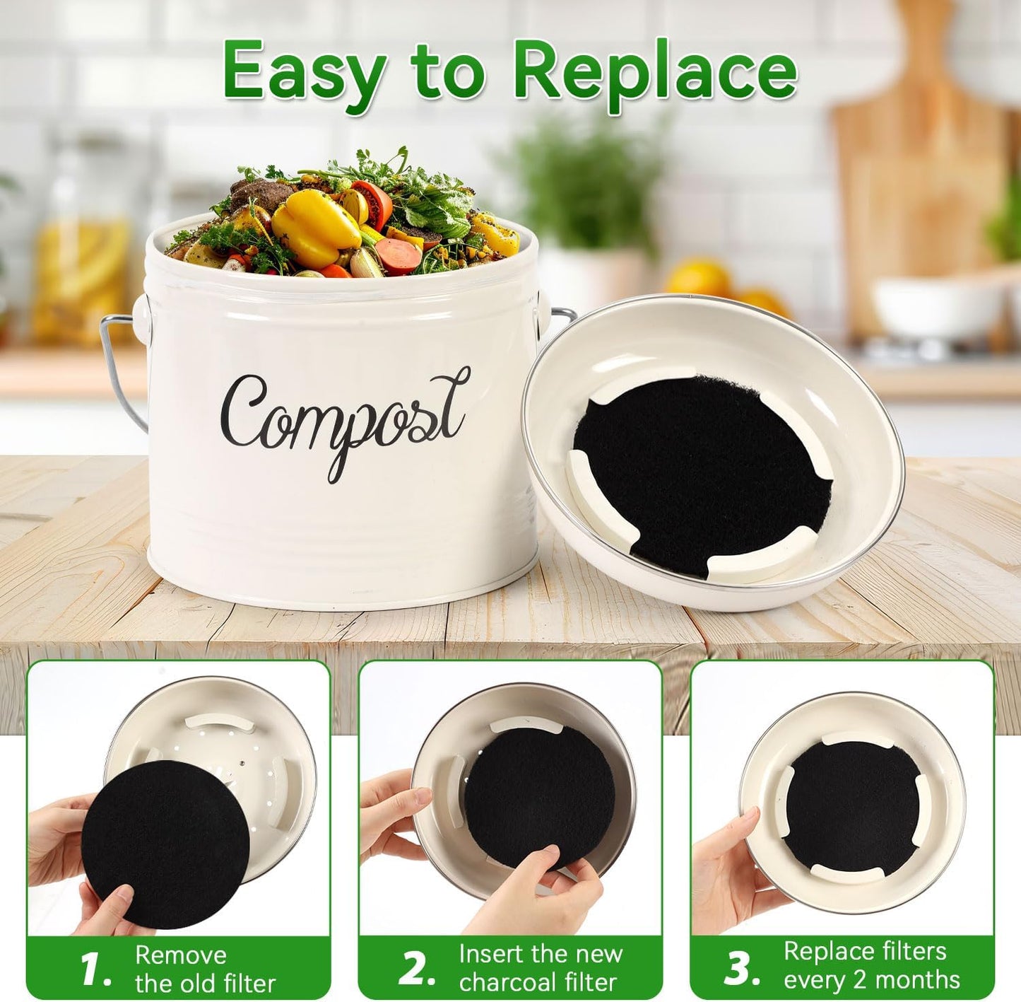 10 Pack Charcoal Filters for Compost Bucket, Compost Filters for Countertop Bin, Odor-Absorbing Activated Charcoal Replacement for Kitchen Compost Bins, 6.7 Inch