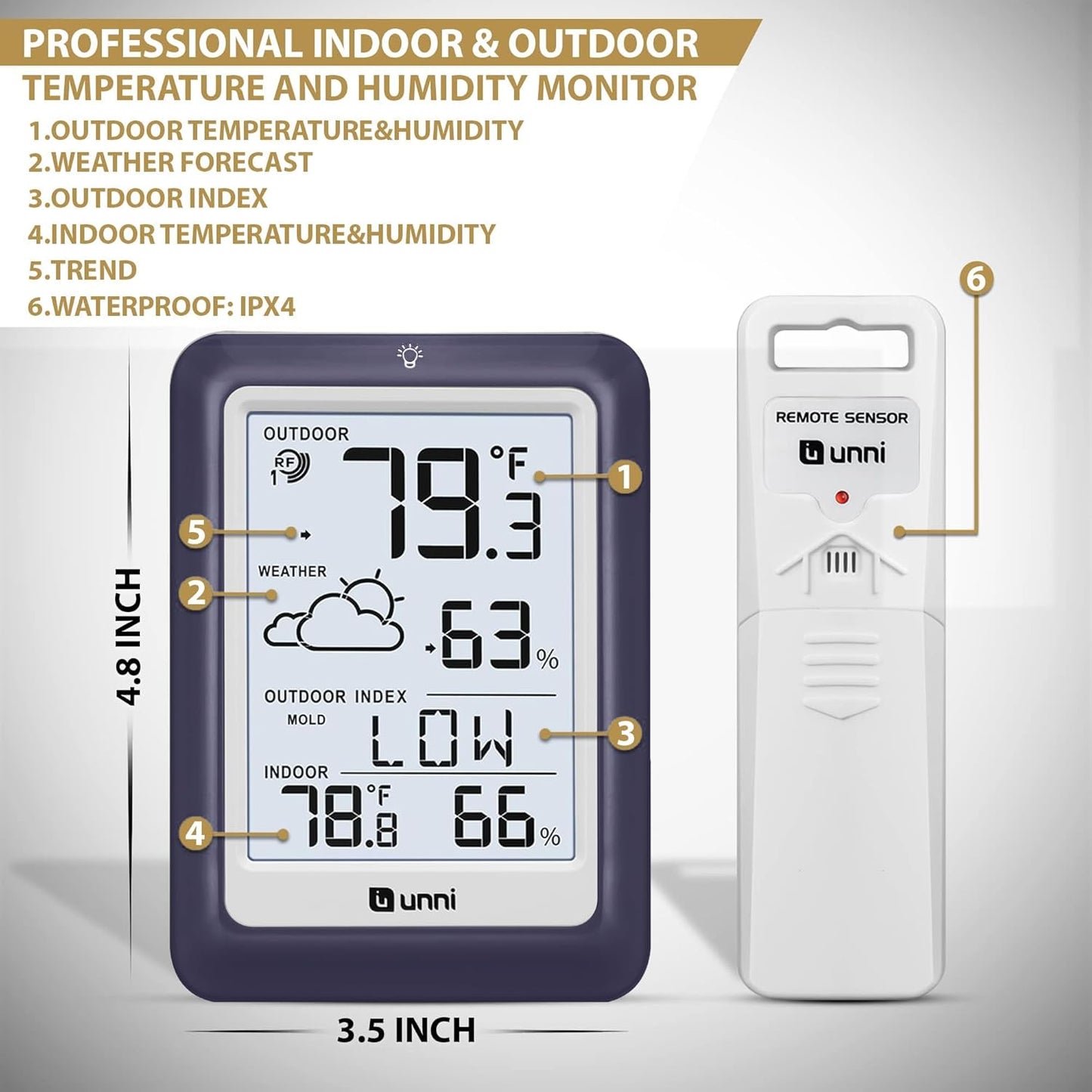 Indoor Outdoor Thermometer Wireless Weather Station, Temperature Humidity Monitor Battery Powered Inside Outside Thermometers with 330ft Range Remote Sensor and Backlight Display (Purple)