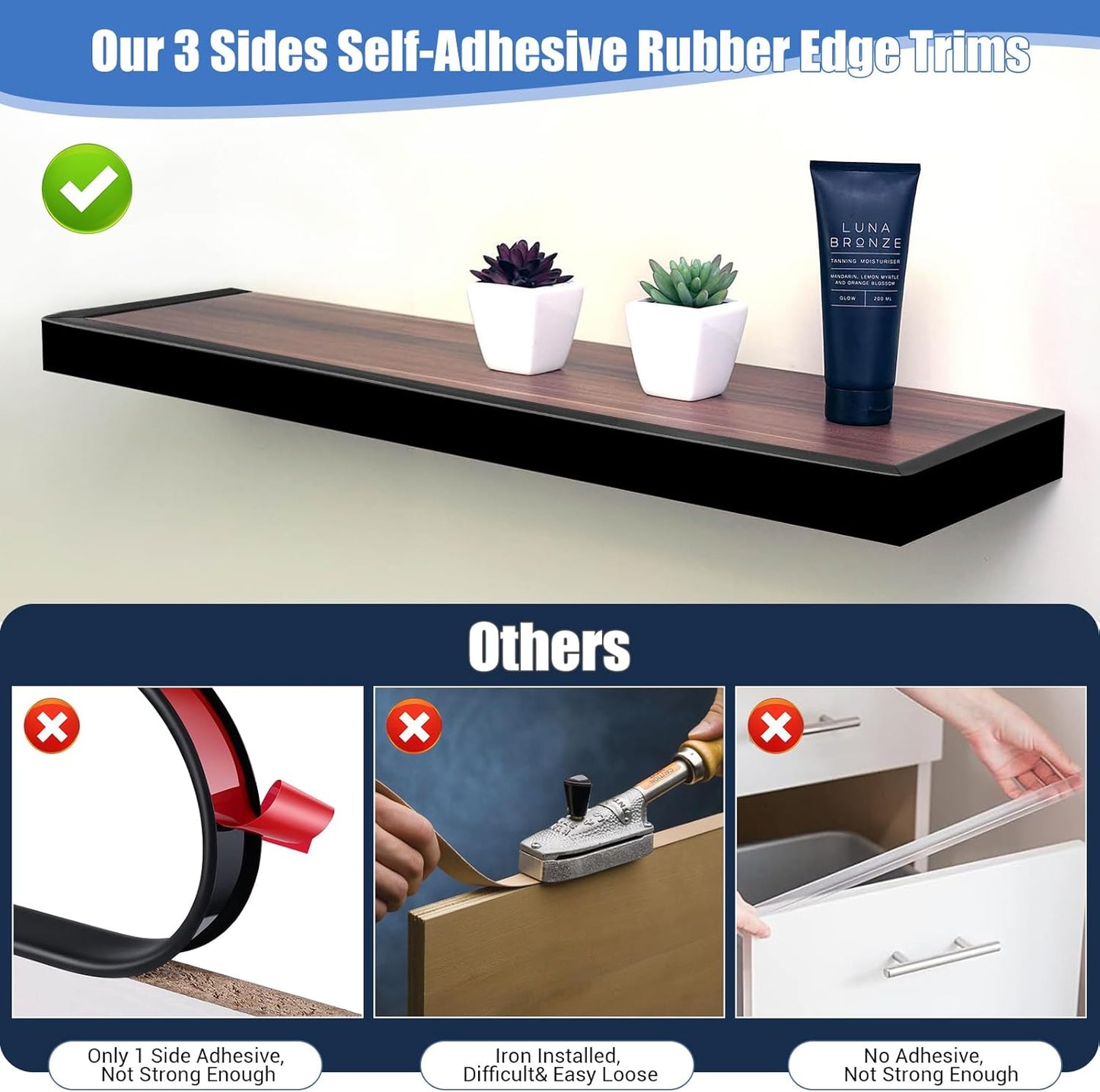 Rubber Edge Trim, Self-Adhesive U Channel Edge Protector for Plywood, Cabinet, 1" Wood Edge Banding, Flexible Furniture Repair, EPDM Material, Fit 1"(25mm), Length 10Ft, Black