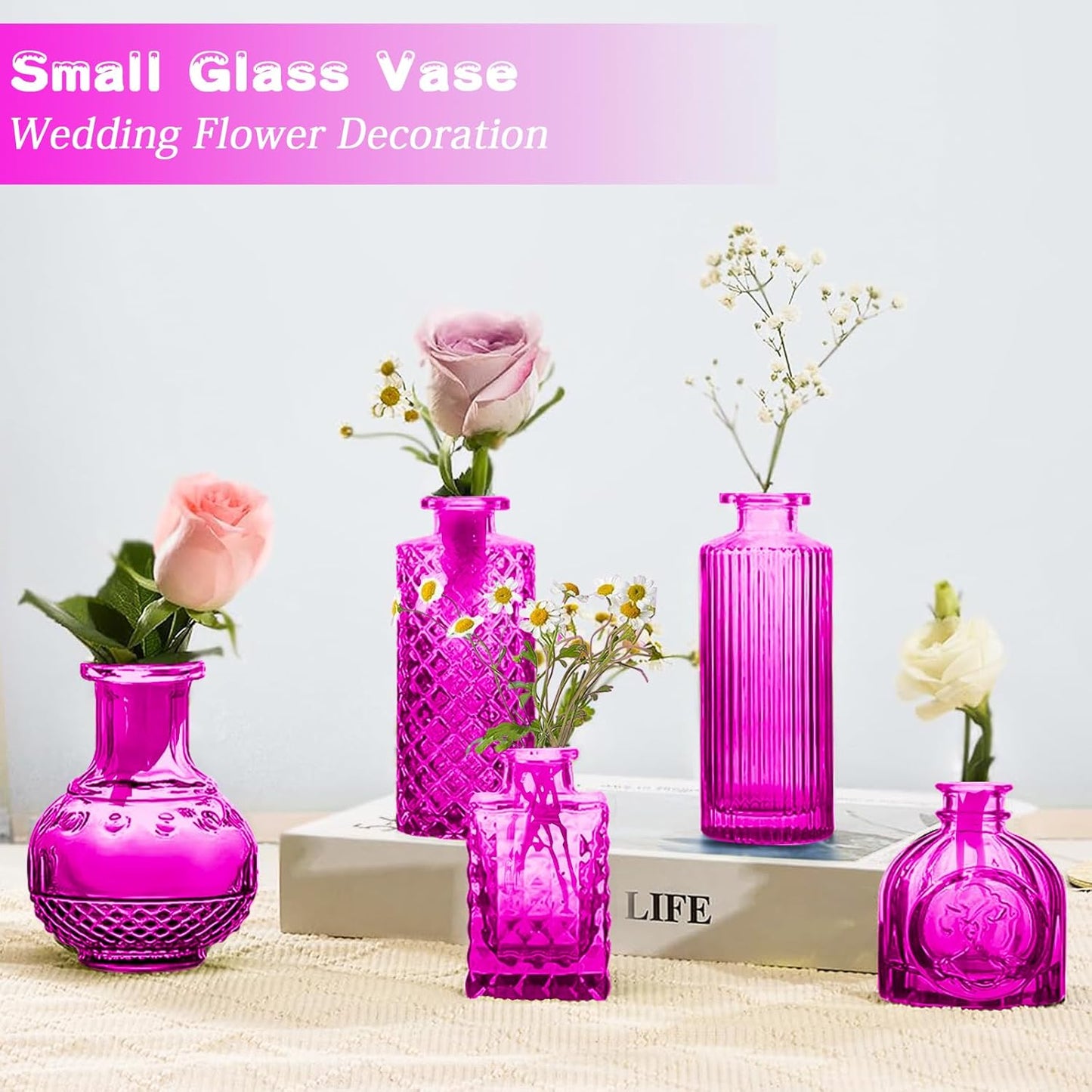 Glass Bud Vases Set of 24, Purple Vintage Small Vases for Flowers, Mini Glasses in Bulk, Small Flower Design for Centerpieces Wedding Decorations Home Flower Party Decor