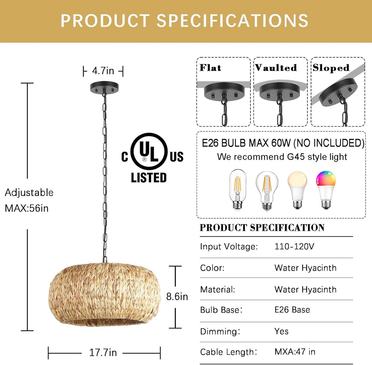 Hand-Woven Boho Pendant Light, 17.7" 5-Light Bohemian Rattan Lighting Fixture Natural Weaving Hanging Ceiling Light Coastal Wicker Chandelier for Kitchen Island Living Dining Room Restaurants