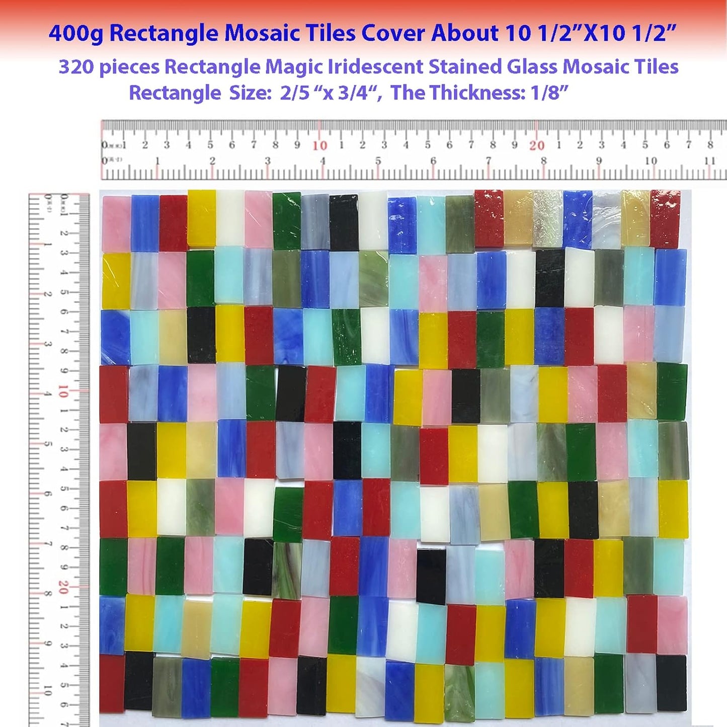 Rectangle Iridescent Glass Mosaic Tiles, 320 Pieces Colorful Stained Glass Supplies for Crafts, Rainbow Mosaic Glass Pieces for Adults