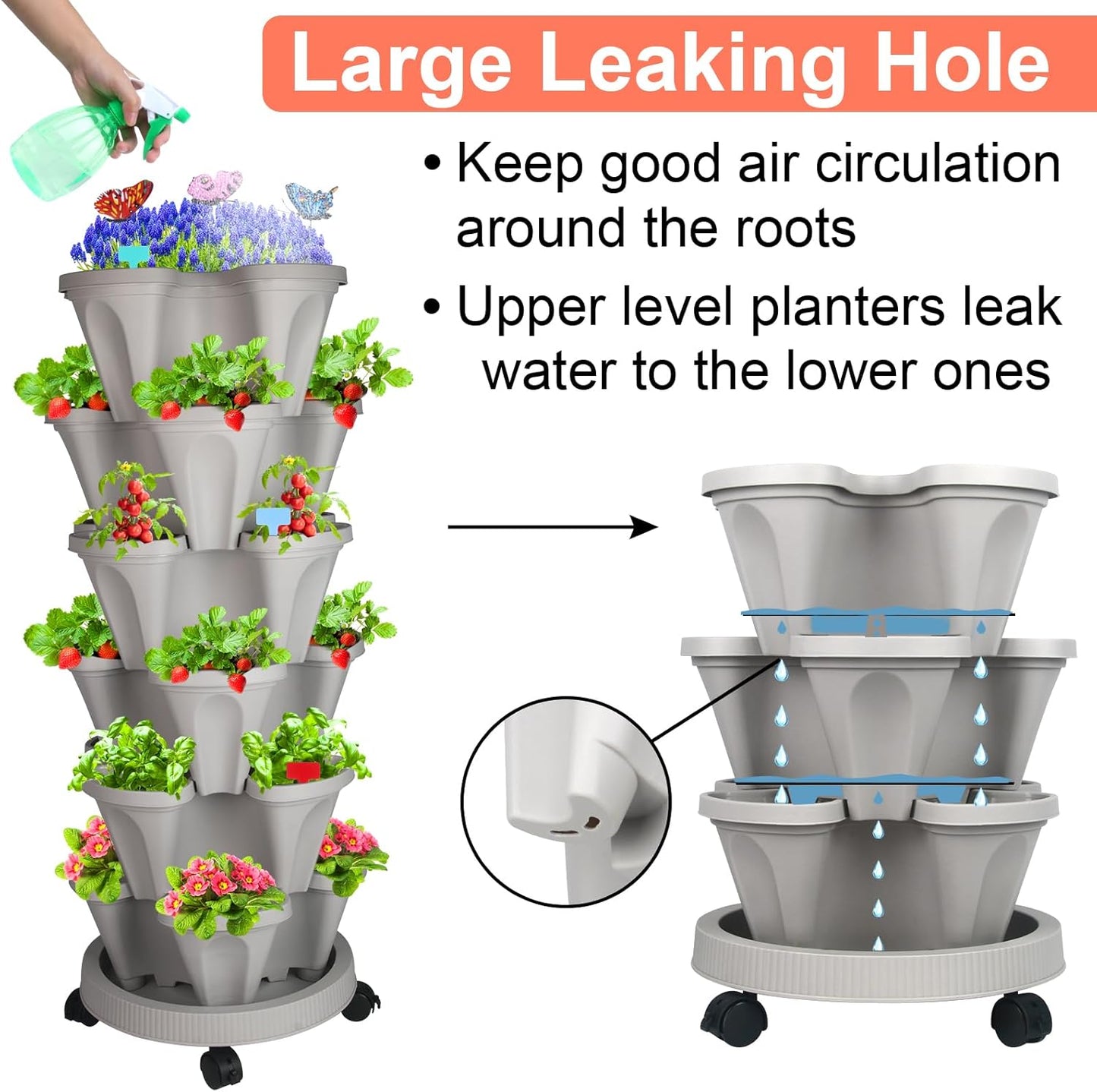 Vertical Planter, 6 Tier Stackable Strawberry Planter with Garden Tool Set, Movable Indoor/Outdoor Garden Herb Pot for Growing Vegetables and Succulents, Gray