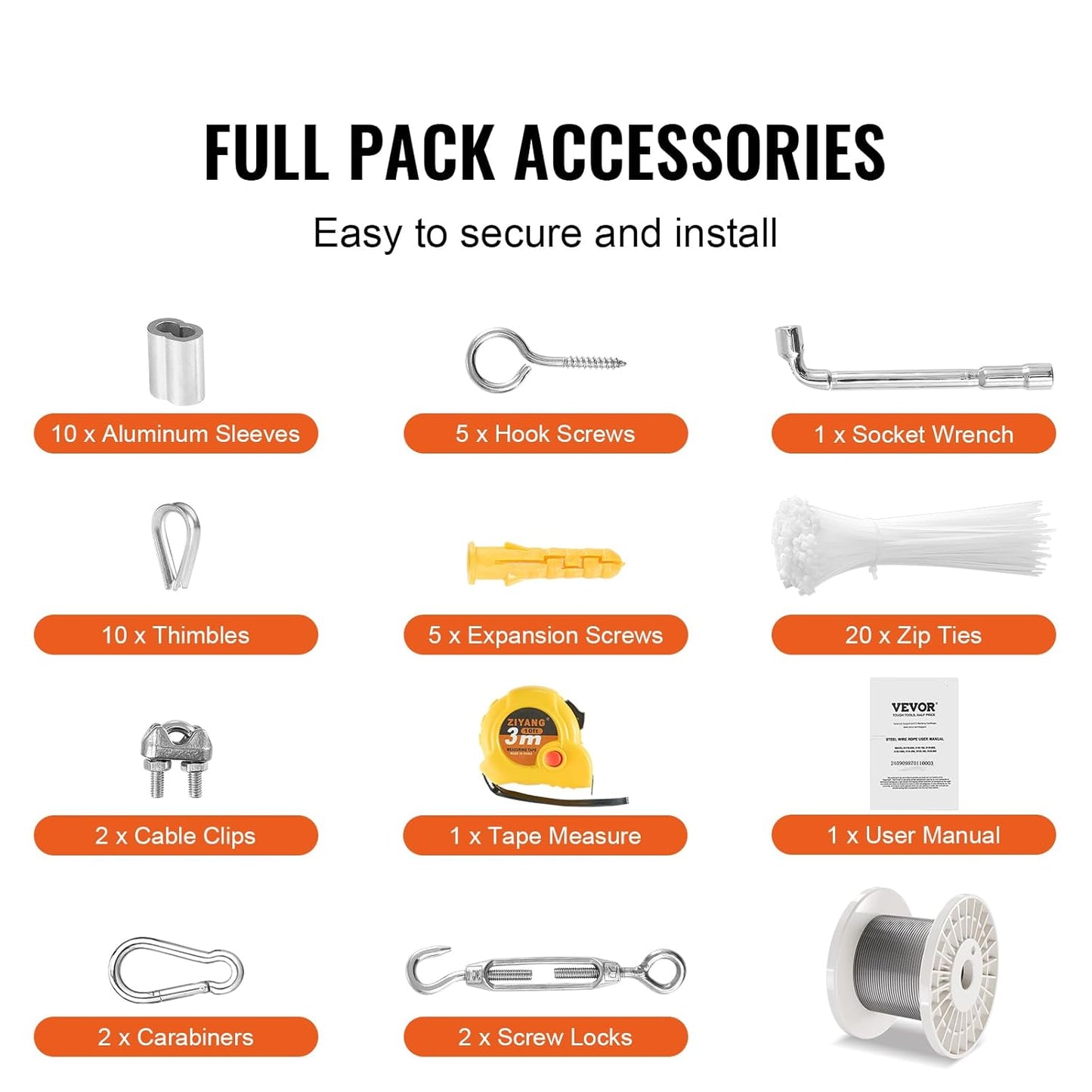 VEVOR 1/8 Wire Rope Kit, 100 FT Vinyl Coated 304 Stainless Steel Cable with 59 Accessories, Turnbuckles, 650 lbs Breaking Strength, Marine Aircraft Grade for Handrail Stair Decking Fence Outdoors