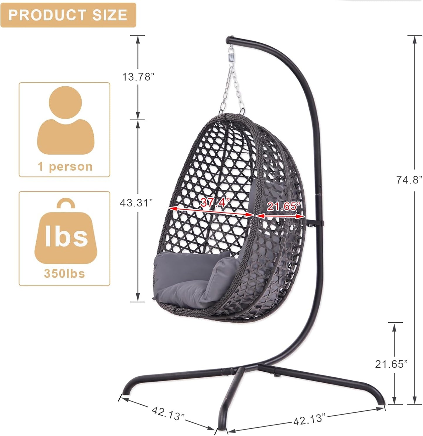 Indoor Hanging Chair with Stand for Bedroom, Hexagon Rattan Wicker Swing Egg Chair for Bedroom Porch Garden Patio Outdoor, Hammock Egg Swing Chair with Cushion,350LBS Capacity(Dark Grey)