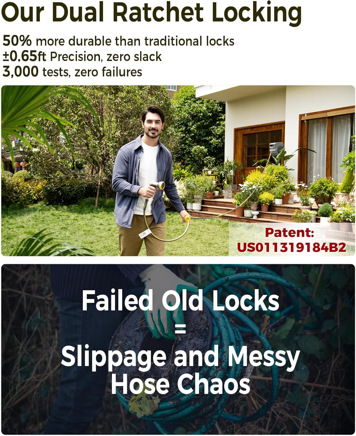 Retractable Garden Hose Reel 1/2 in x 130 ft Upgraded UV Resistant Heavy Duty Automatic Hose Reel Wall Mount 3/4 in Brass Fitting 9 Pattern Nozzle Any Length Lock Slow Retraction