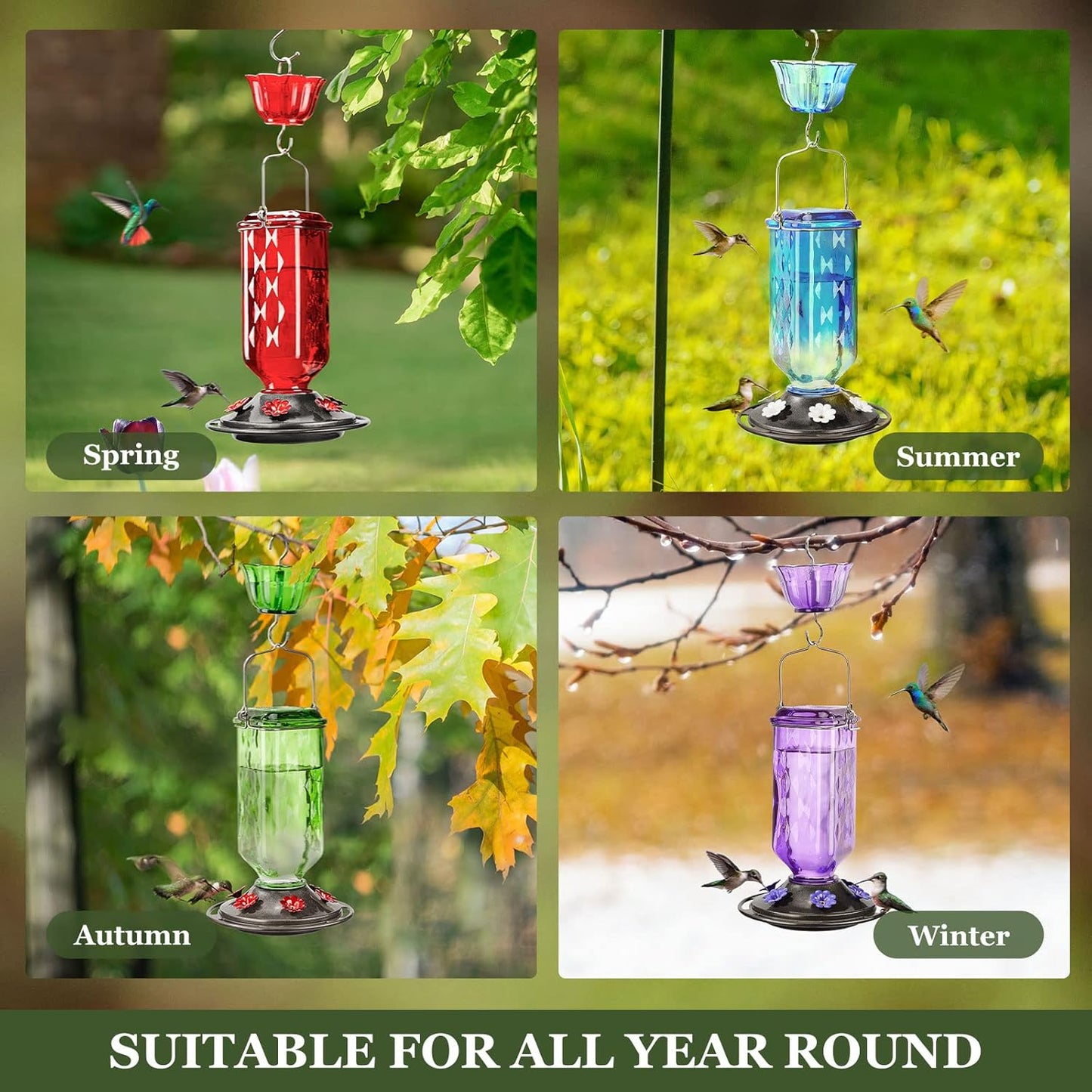 Kingsyard Glass Hummingbird Feeder for Outdoor Hanging, 24 Ounces, 6 Feeding Ports, Bird Nectar Feeder for Garden Décor, Ant Moat Included, Green & Blue