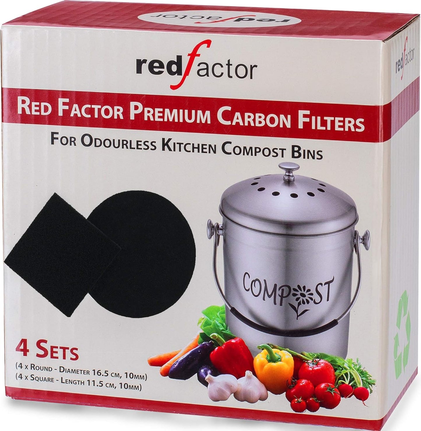 RED FACTOR 8 Pack Extra Thick Charcoal Filters for Kitchen Compost Bins - Activated Carbon Replacement Filters for Odor Free Buckets (4 Round, 4 Square)