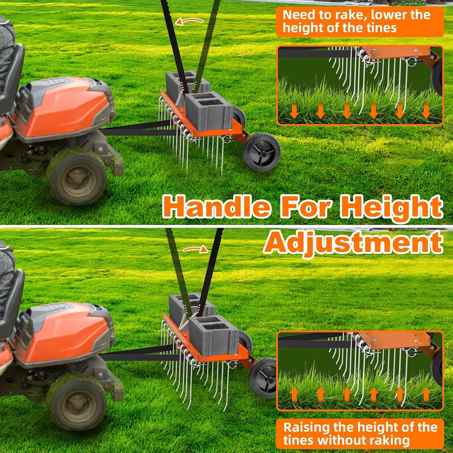 40" Tow Behind Lawn Dethatcher, Pull Behind Rake with 24 Rust-Proof Tines and Heavy Tires, Lawn Tractor Rake with Lift Handle, Tow Behind Rakes to Remove Thatch, Leaves from Large Lawn Area