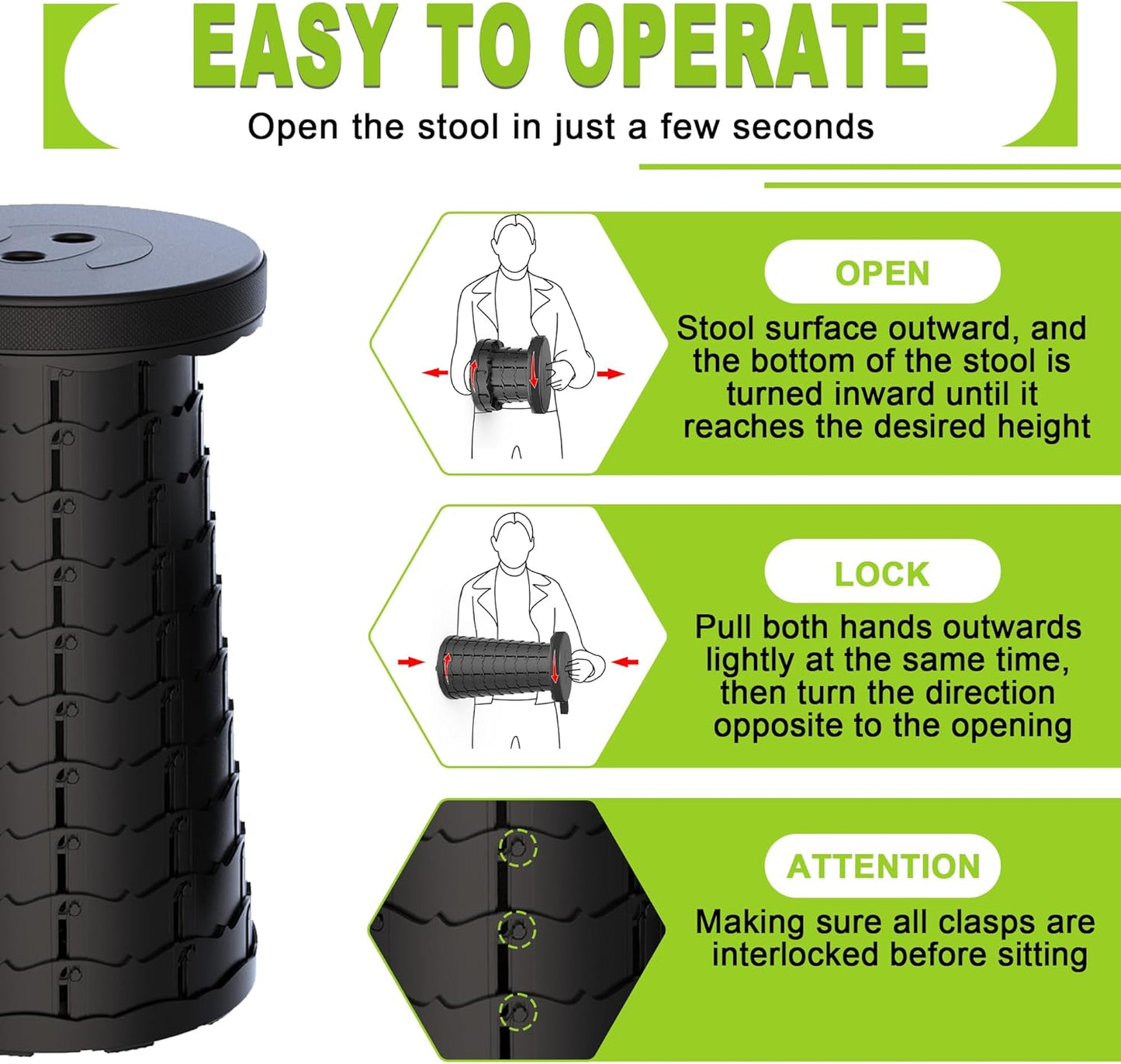 ALEVMOOM Upgraded Nylon Collapsible Stool with 500lbs Max Weight Portable Retractable Folding Telescoping Stools for Adults Chair for Outdoor Camping Fishing Hiking BBQ(Nylon Black)