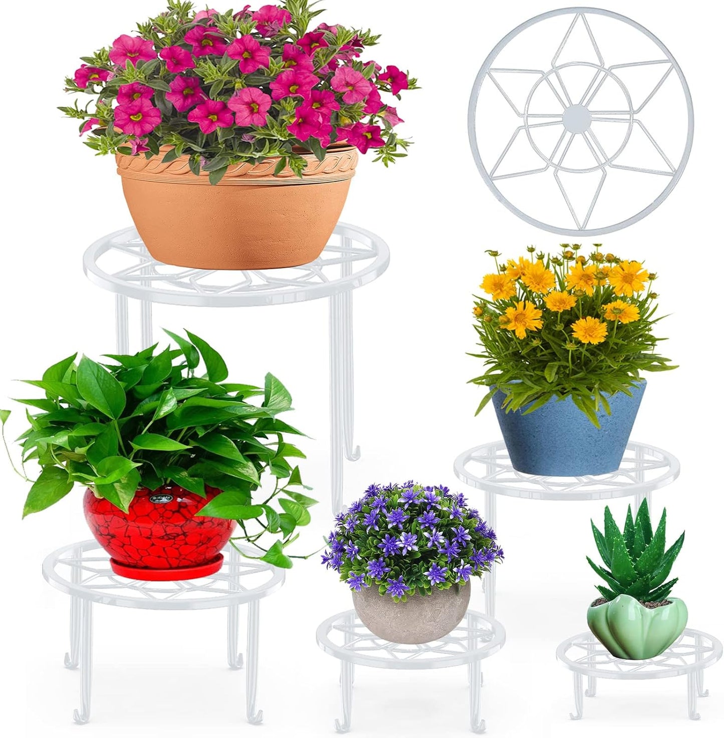 5 Pack Metal Plant Stands for Multiple Plant,Heavy Duty Flower Pot Stands for Outdoor Indoor Plants,Rustproof Iron Round Pot Shelf for Planter (White)