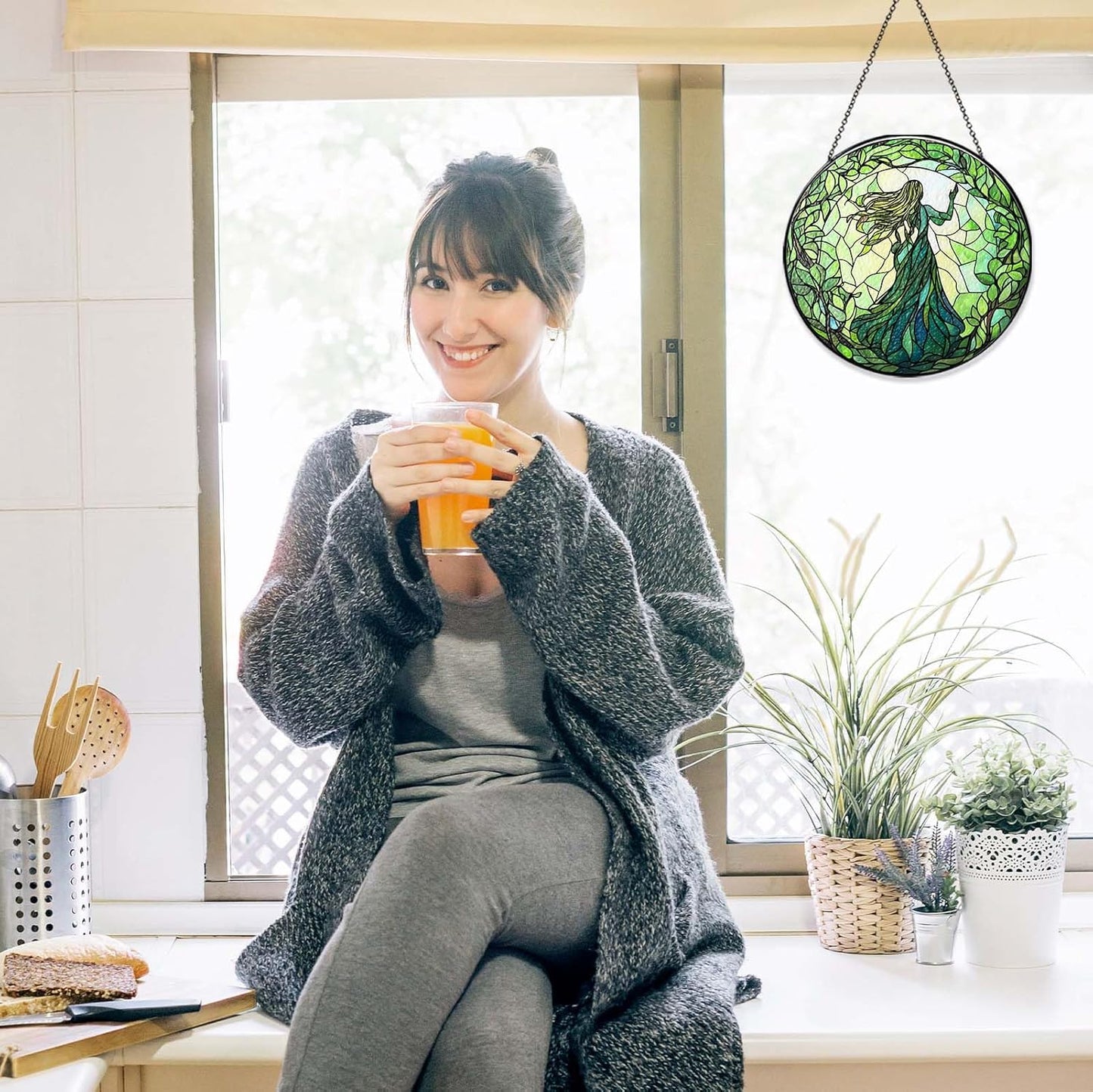 Green Witch Suncatcher Plant Witch Stained Glass Window Hanging Plant Lover Gifts for Women Wall Decor Handmade Sun Catcher Decoration for Garden Home Housewarming Gifts