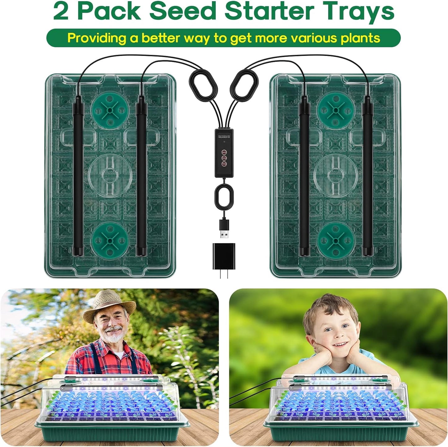 BlumWay Seed Starter Tray with Grow Light,2 Pack 80 Cells Seedling Tray Kit with Humidity Dome/Indoor Plant Starter Kit, Adjustable Brightness Plant Germination Trays