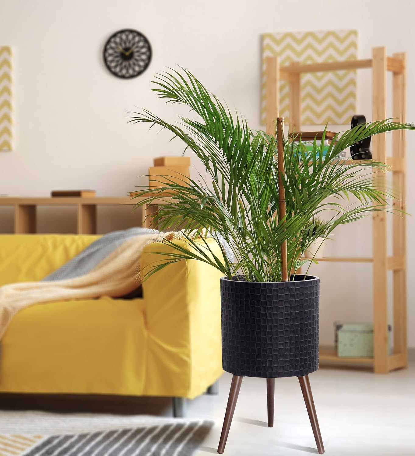 D'vine Dev 14 Inch Modern Geometric Tile Patterned Sleek Planter Pot with Stand, Indoor Outdoor Decorative Plant Holder, Distressed Black, 88-Z-D-5