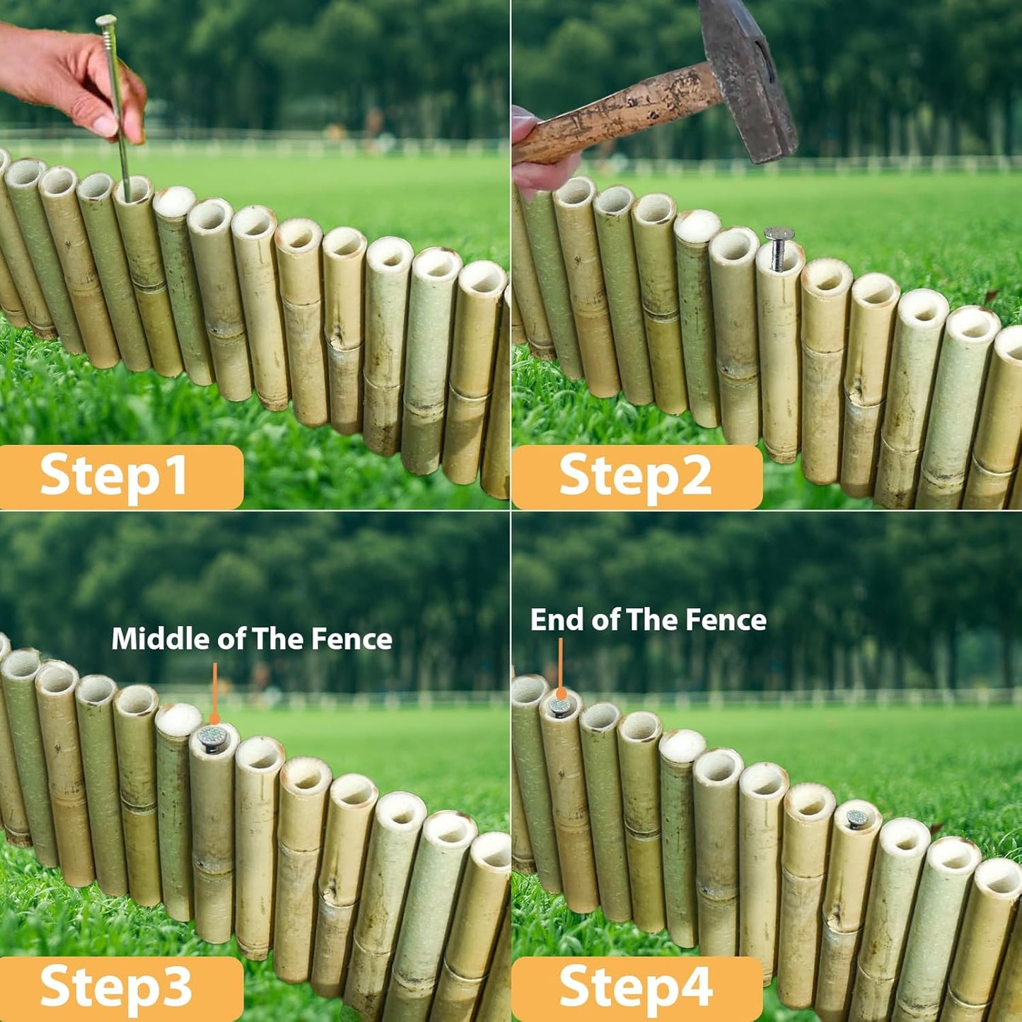 8x39IN Natural Bamboo Edging, Bamboo Garden Border Edging, Outdoor Landscape Edging for Decorative Garden, Patio Flower Garden Bed, Lawn, Yard, Pool Fences(1Pc with 3 Short Poles)