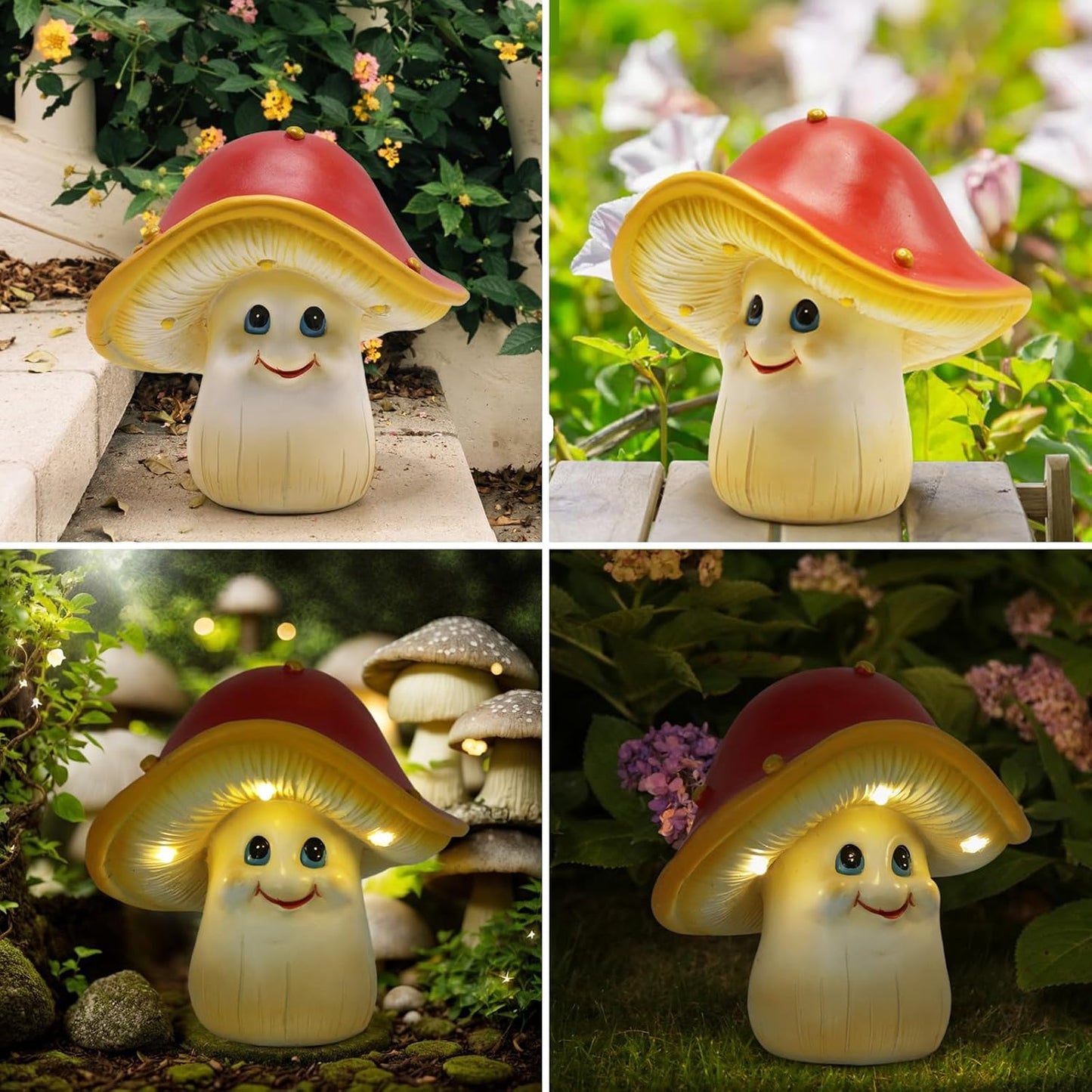 Solar Garden Small Mushroom Decor Outdoor Statue - Mushroom with Waterproof Sculptures Lights, Cute Mushrooms Pond/Yard Statues Outside Decoration, Home, Lawn, Patio, Resin Fairy Ornament
