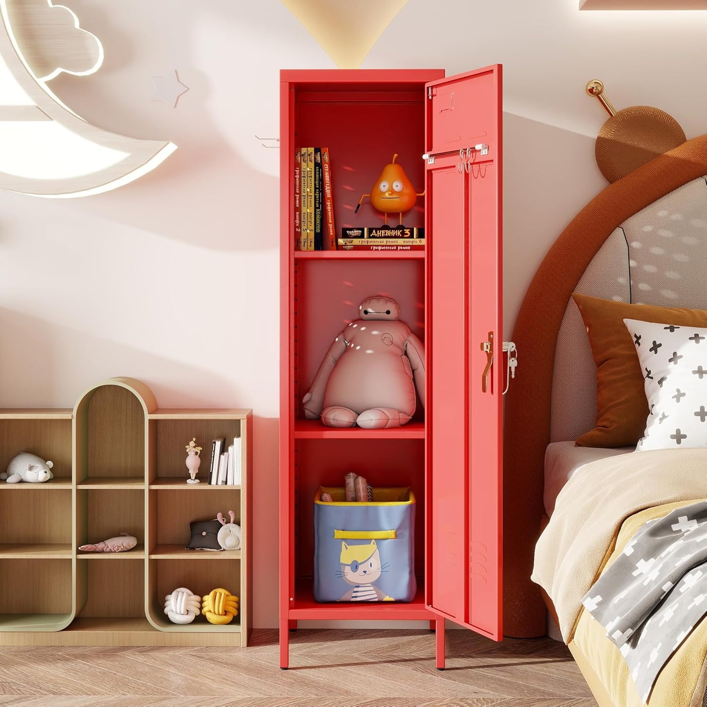 Metal Storage Locker with Pegboard and Hooks,Metal Locker for Employees with Handle and Hanging Rod for Gym, School, Office,Home,Garage,Assembly Required,Red