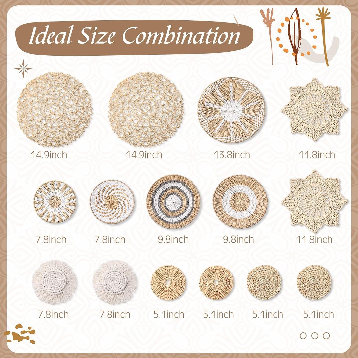 15 Pcs Boho Wall Basket Decor Woven Rattan Seagrass Wall Decor Hanging Rustic Farmhouse Western Art Decoration for Nursery Living Room Bedroom Home Kitchen(Grey White Style)