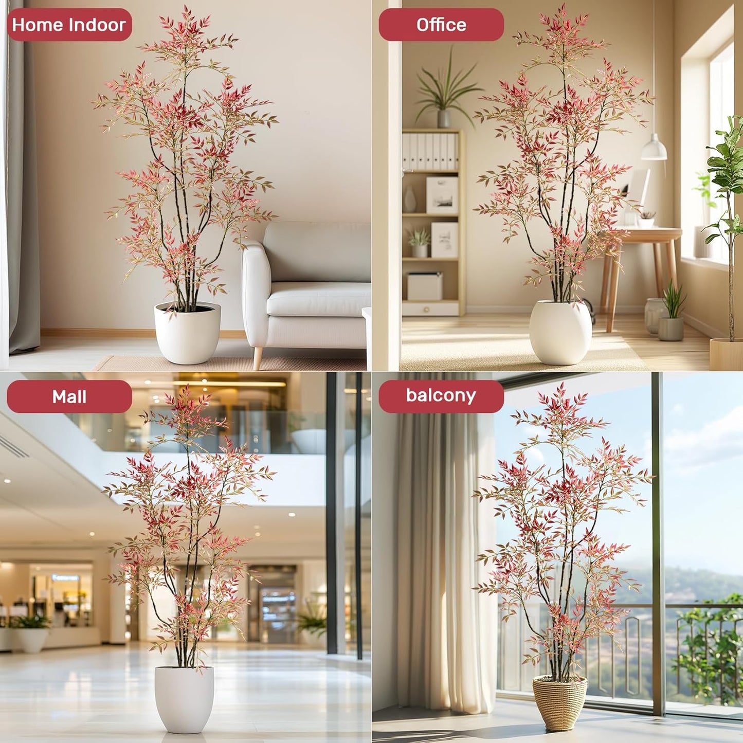 7.2ft Faux Bamboo Tree Artificial Nandina Tree Artificial Indoor Plants Realistic Fake Potted Tree with 800+ Leaves, Cement Planter - Home Office Decor Perfect for Housewarming Gift Non-Toxic