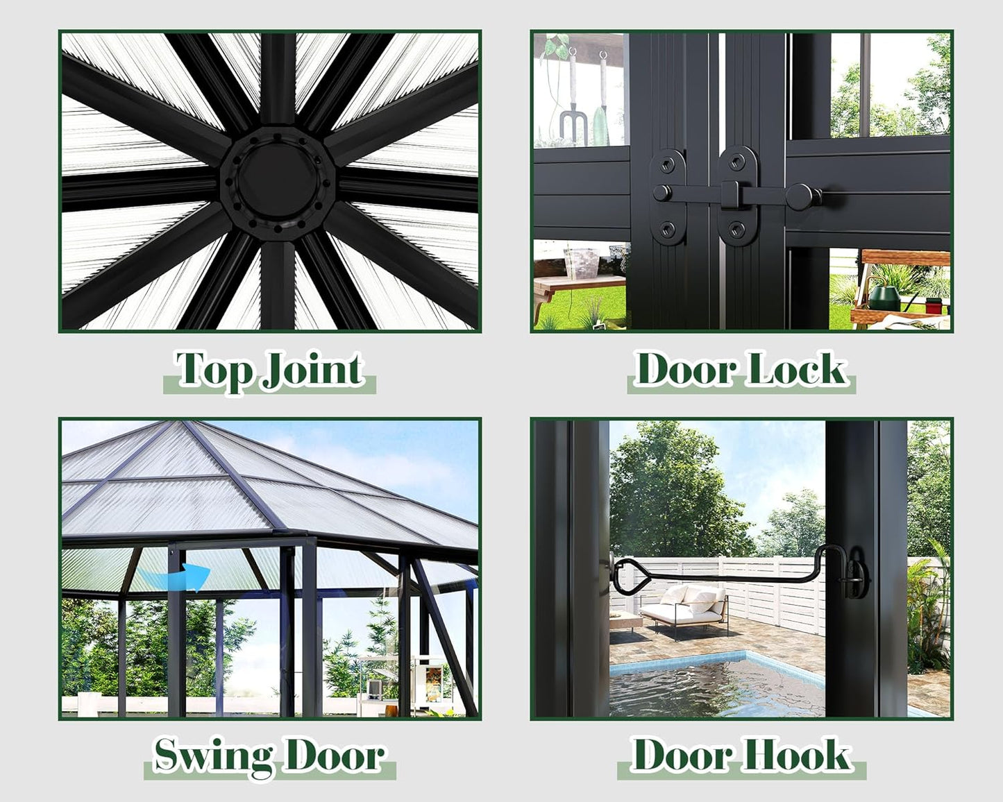 Jocisland 12x10x8 FT Hexagonal Greenhouse for Outdoors, Quick-Connectors, Aluminum Frame with 2 Vents, 2 Swing Doors, and Walk-in Design for Garden or Backyard, Black