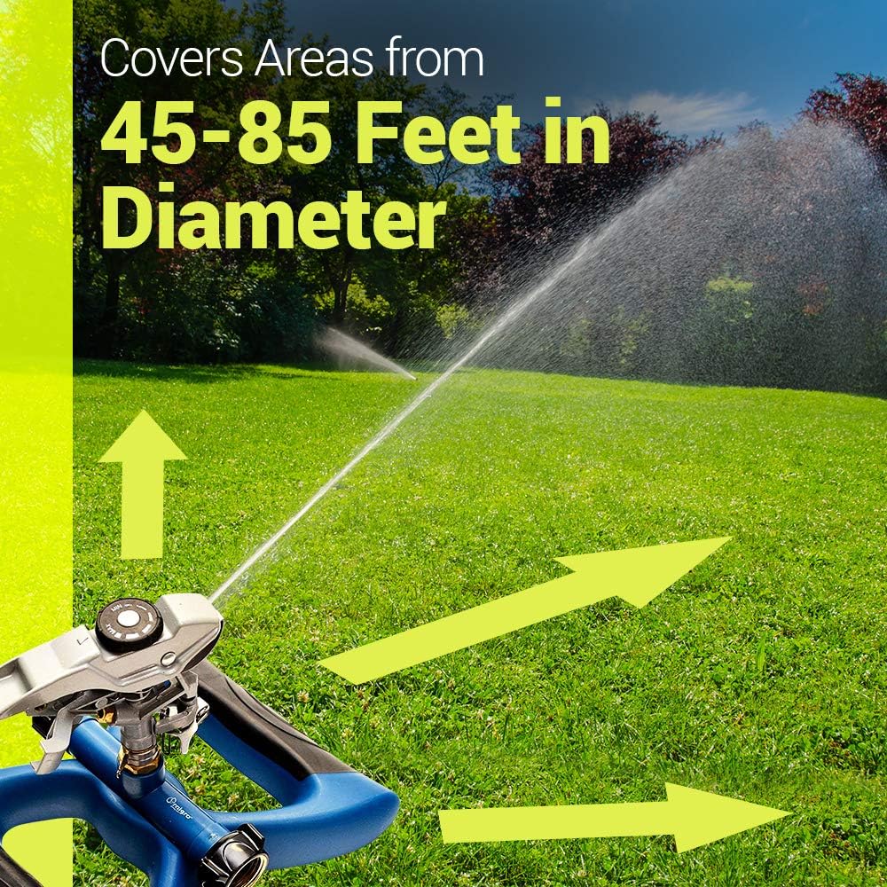 Lawn Sprinkler with Metal Head - 360 Degree Pulsating Garden Water Sprinkler for Lawn - Waters up to 85 feet in Diameter, Adjustable Spraying Area and Distance