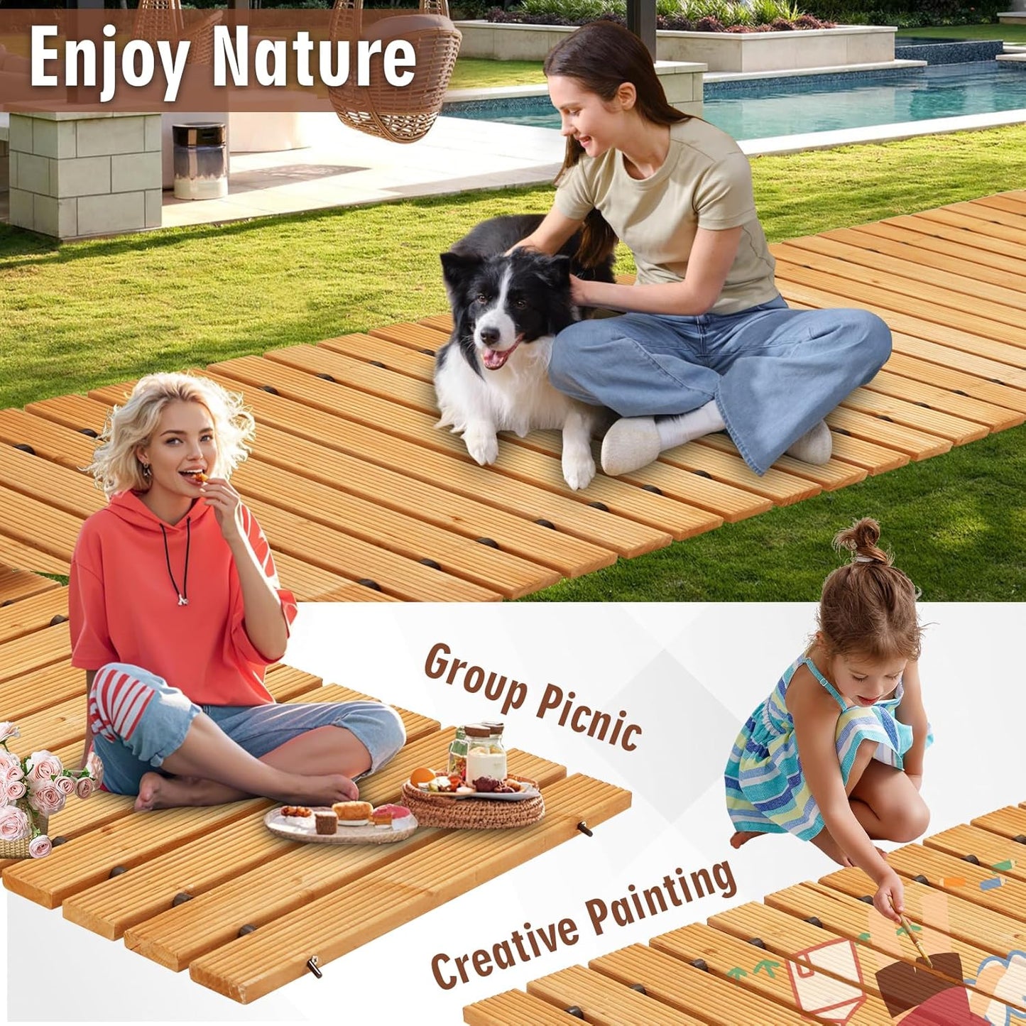 12FT Wooden Garden Pathway,Outdoor Roll Out Decorative Straight Walkway,Weather-Resistant Patio Path,Non-Slip Pavers Boardwalk for Garden, Backyard, Beach, Wedding Party Pathways