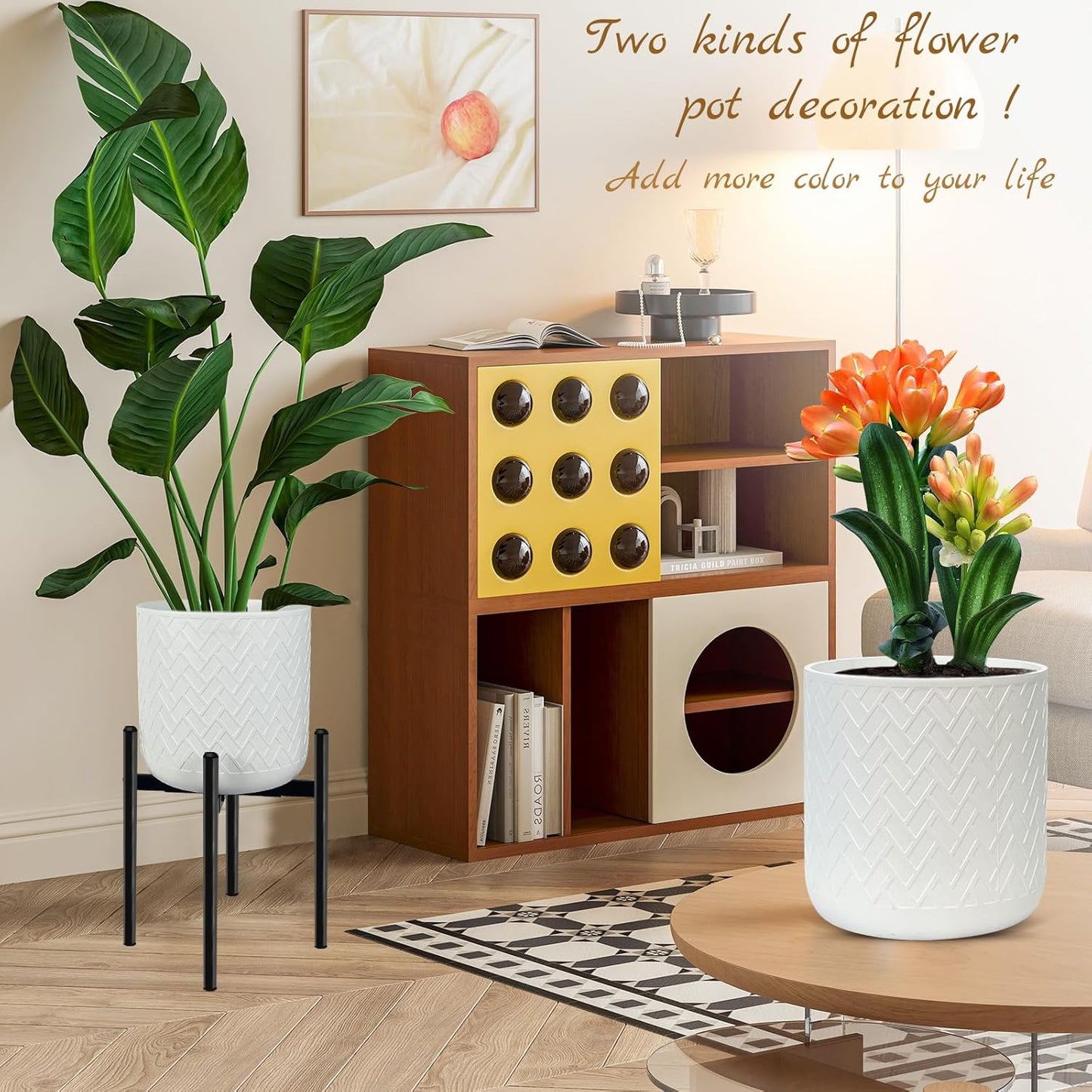 12 Inch Flower Pot Without Bracket with Drainage Holes Suitable for Indoor and Outdoor Decorative Planting (White Rectangle, 12 Inches)