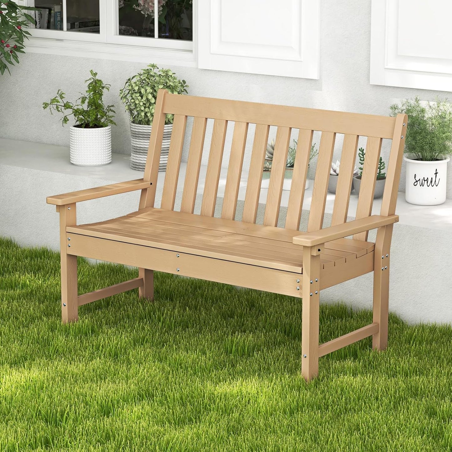 Giantex Outdoor Bench, 52-Inch Outside Bench All-Weather HDPE Park Bench with Backrest and Armrests, 705 lbs Weight Capacity, 2-Person Slatted Patio Bench for Porch, Yard, Lawn, Garden Bench (Teak)