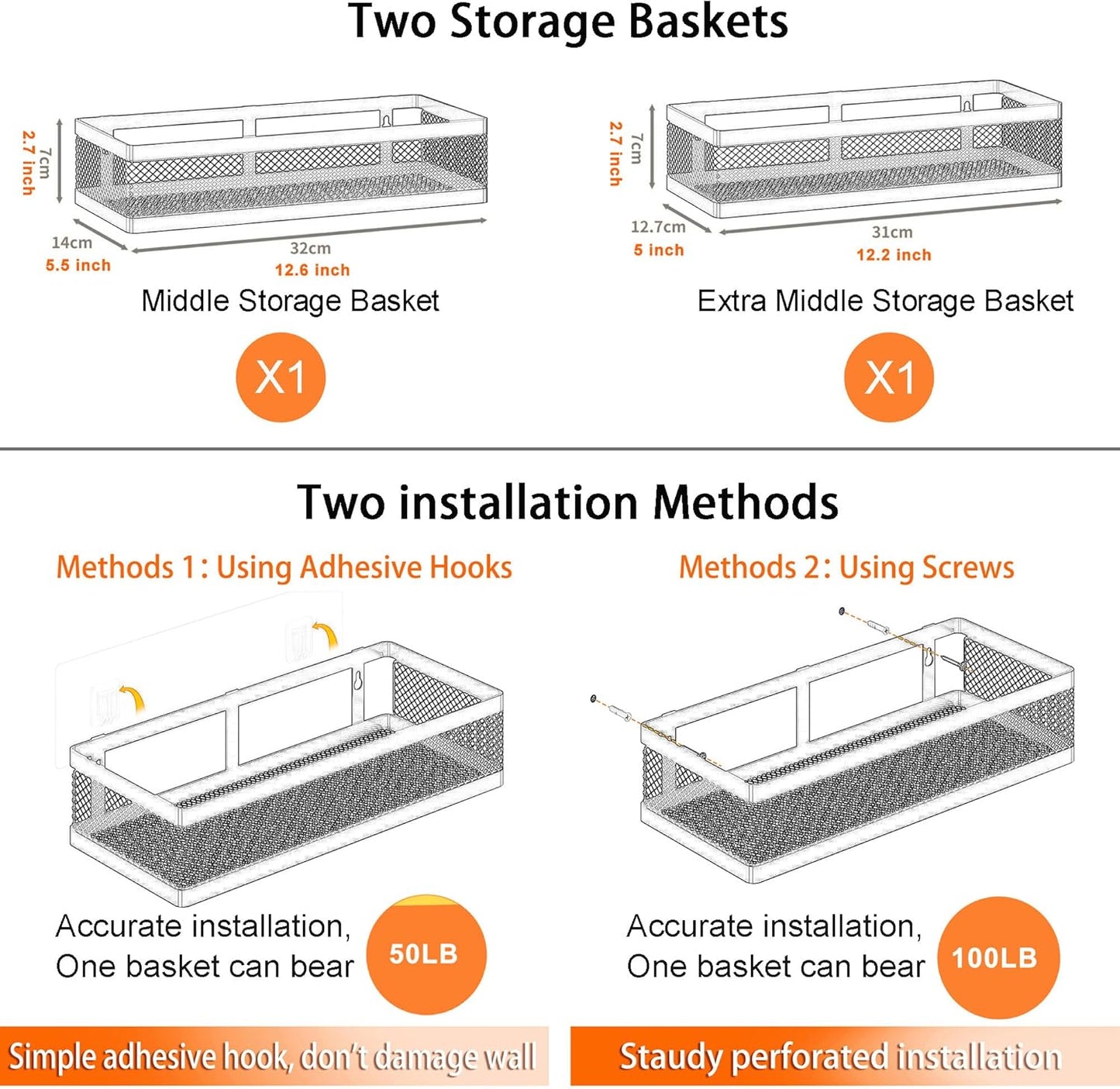 PUSDON Metal Wall Hanging Basket 2 Packs DIY Suitable for Multiple Scenes - Middle Silver Grey Netting Suit