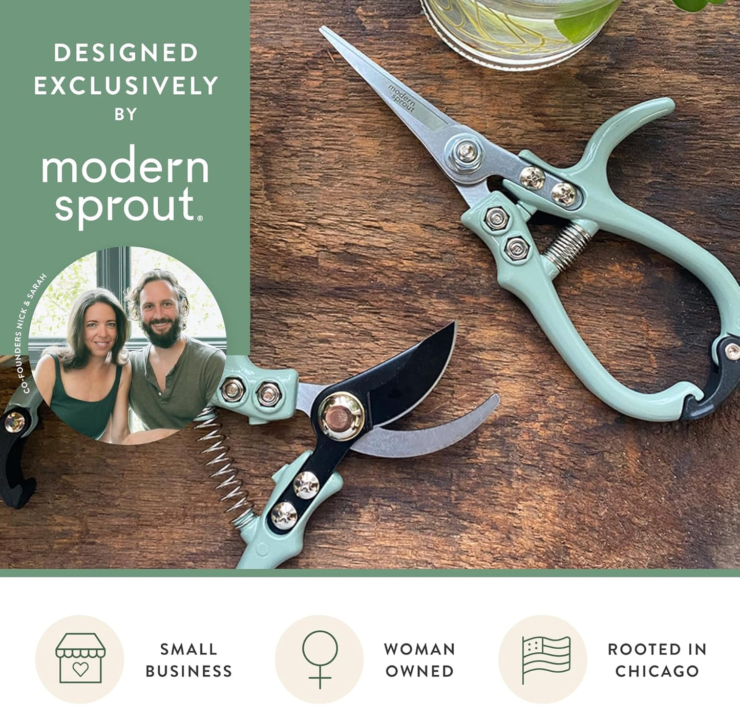 Modern Sprout Hand Pruners & Shears Set - Lightweight Gardening Tools W/Easy Lock - Sharp Carbon Steel Blades -Rust Resistant Scissors for Herbs, Flowers - Reusable Holster - Sage