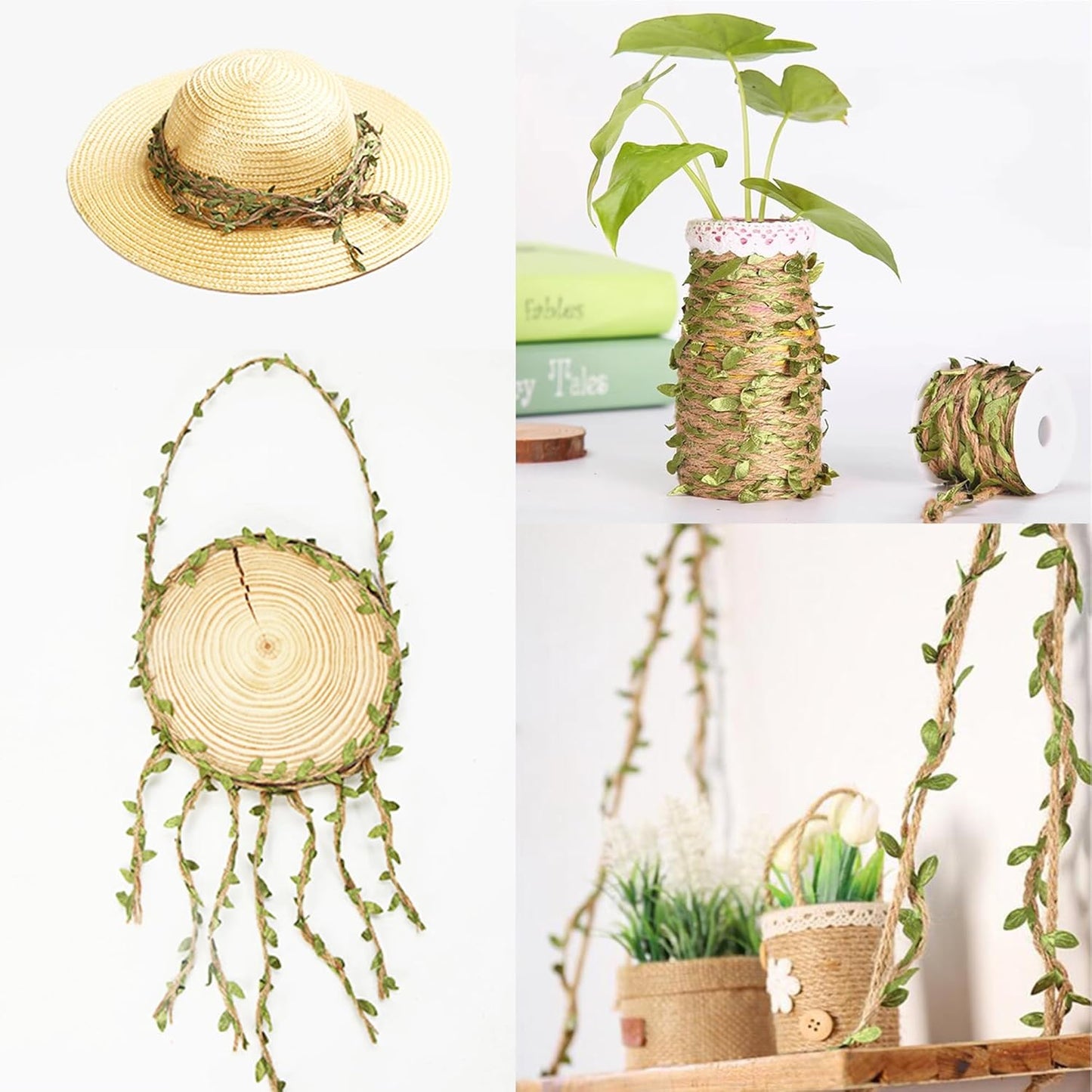 Burlap Leaf Ribbon 2 Rolls 66 Feet Total 5mm Natural Jute Twine with Artificial Green Leaves Braided Decorated Vine for Jungle Safari Party Wedding Garden Home Decor