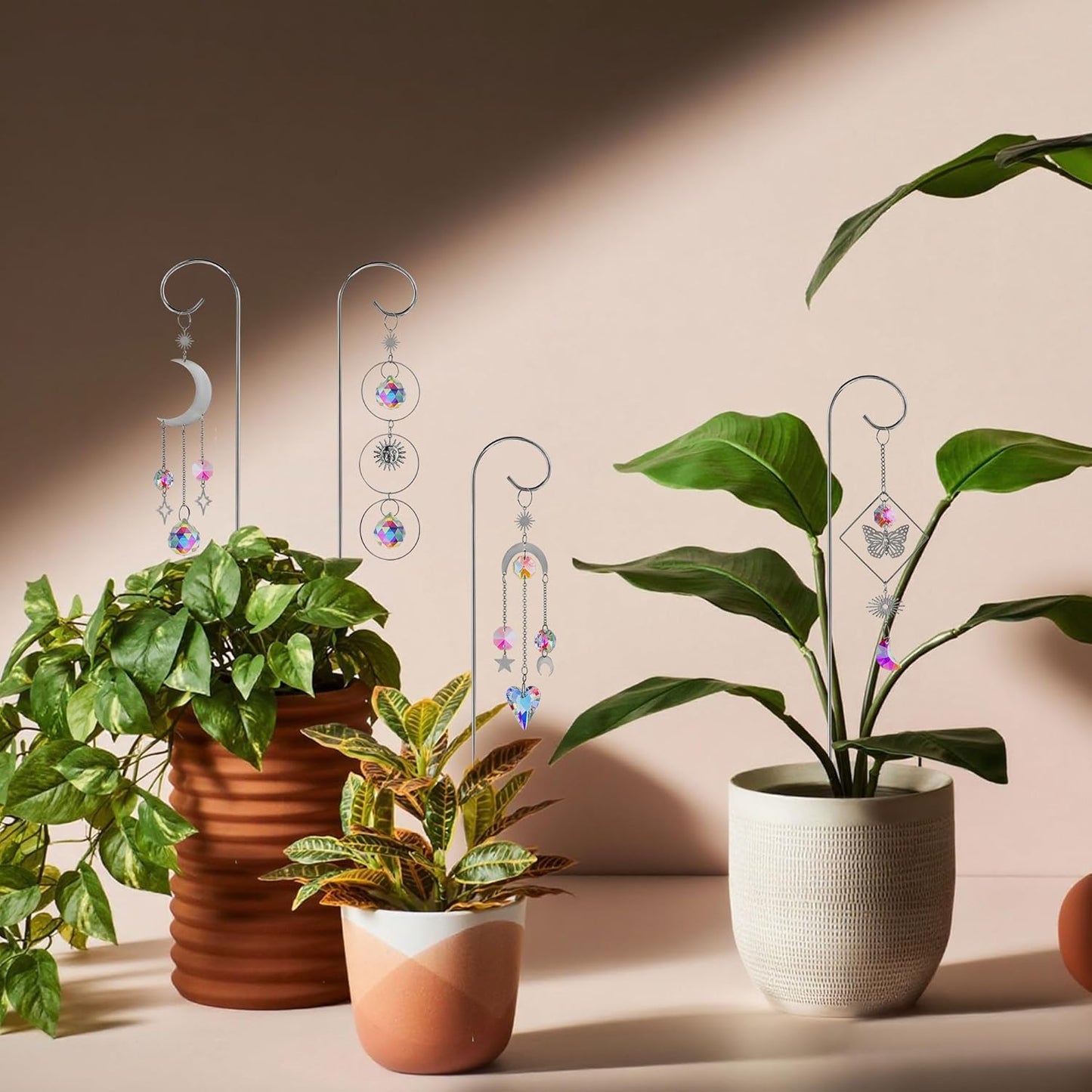 HDCRYSTALGIFTS 4 Pack Small Trellis with Crystal Sun Catchers for Potted Plants Decorations 13.5'' Indoor Plant Stake Suncatcher Accessories for Home Window Garden, Sliver