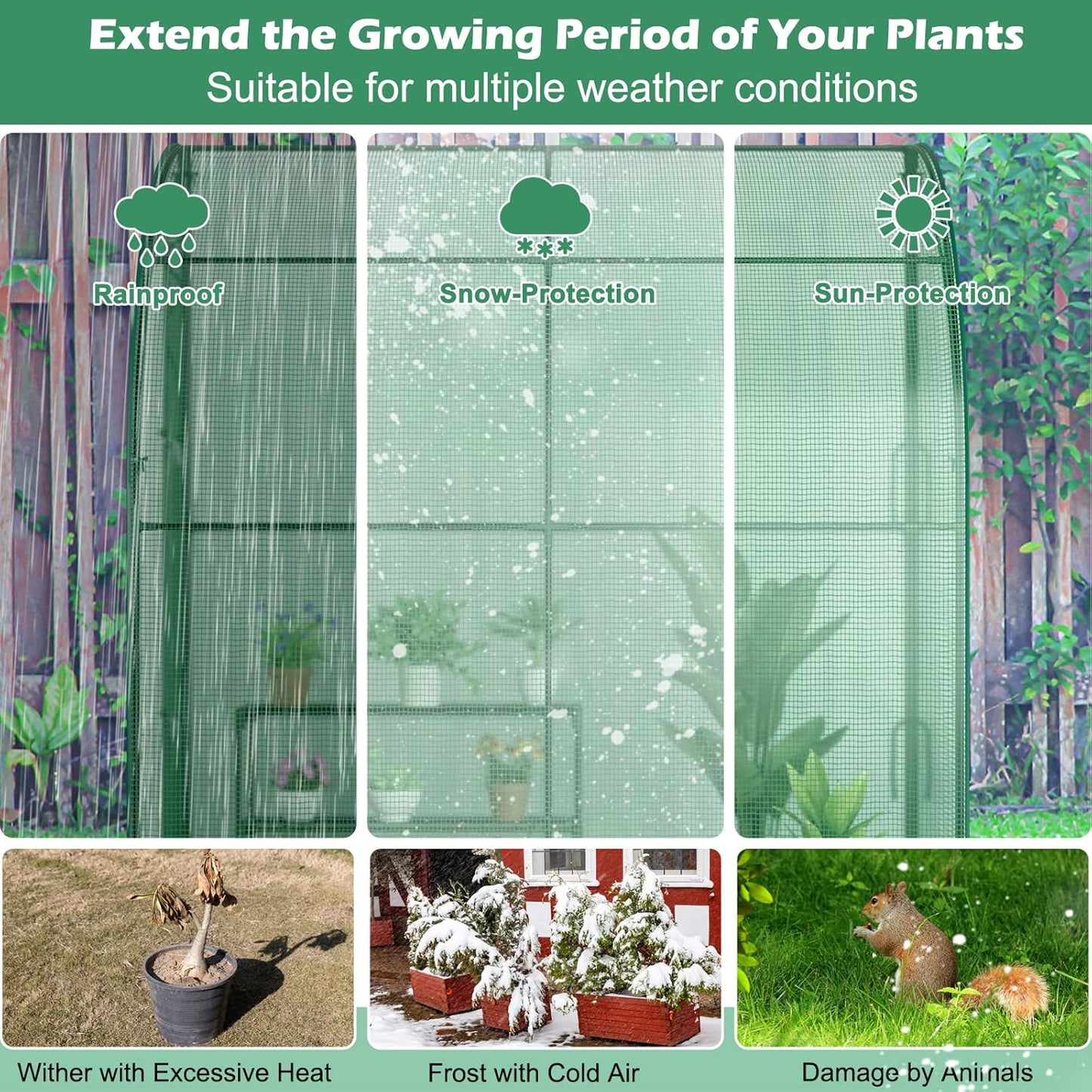 SAFSTAR Greenhouse, 7' x 3.5' x 7' Mini Lean-to Walk-in with 3-Tier Flower Rack, Roll-Up Zipper Doors, Weatherproof PE Cover, Indoor/Outdoor Garden Greenhouse