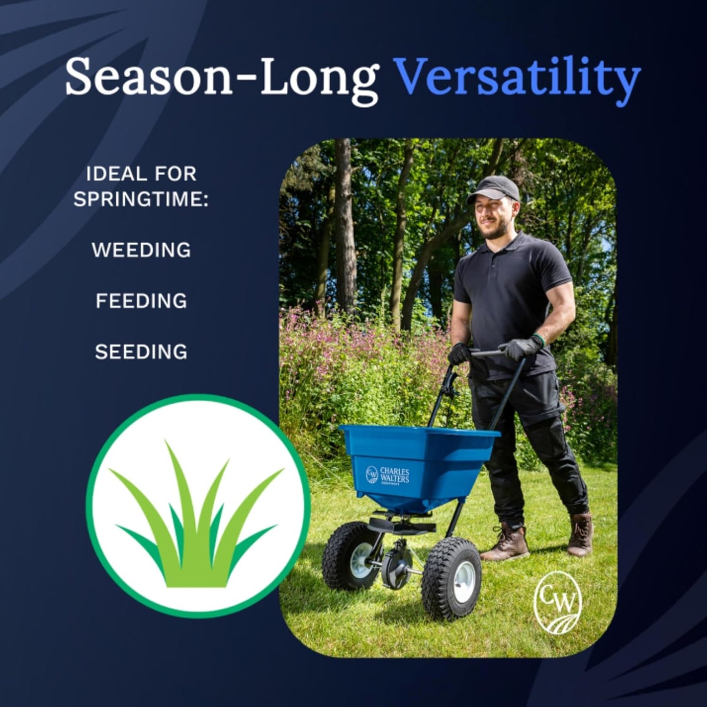 Charles Walters Equipment CW1500 Estate Style Broadcast Spreader for Spreading Fertilizer and More on Lawns, Sidewalks, and Driveways, 65lb Capacity, 31" x 32"