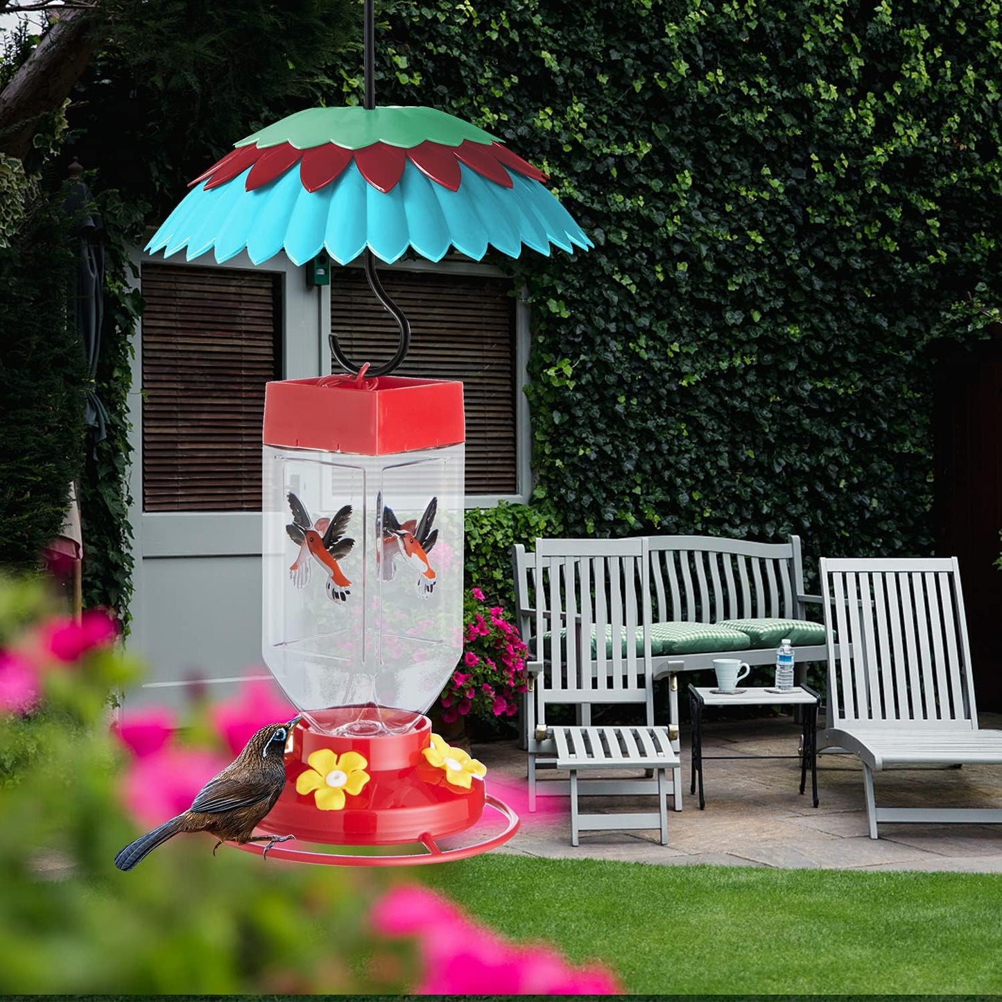 8" Bird Feeder Cover with Ant Moat, Skaithee Bird Feeder Baffle with Hummingbird Feeder Ant Guard & Rain Guard & Shepherd Hooks, Bright Colors Attract More Birds & Anti Rain/Snow/Ants (Blue 8 inches)