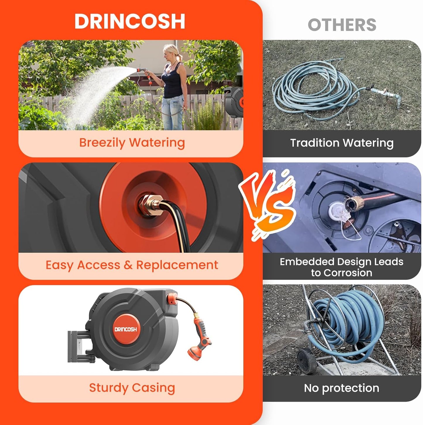 Upgraded Retractable Garden Hose Reel 1/2" x 155 ft Pro 180° Swivel Metal Bracket Automatic Retract Heavy Duty Hose Reels Wall Mount Any Length Lock 9 Pattern Nozzle Garden Watering