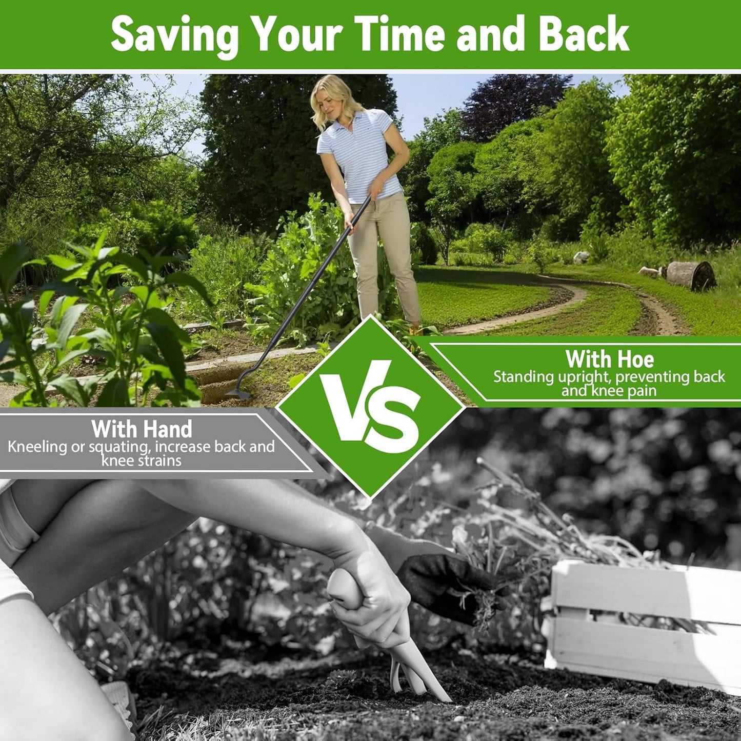 Garden Hoe, Heavy Duty Plow Hoe Garden Tool for Plowing,Cultivating, Trenching, Ridging, Weeding, Loosening Soil, 55 Inch Long Handle, V Shaped Sharp Triangle Hoe, Gardening Hand Tools