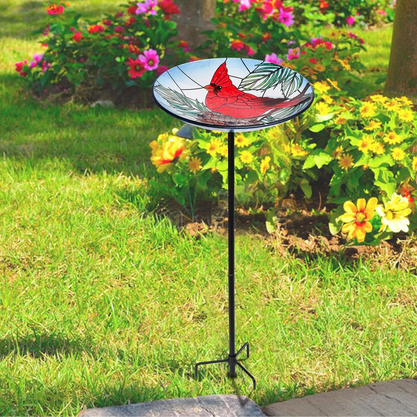 MUMTOP Glass Bird Bath, Garden Outdoor Birdbaths Birdfeeder with Metal Stake Red Cardinal