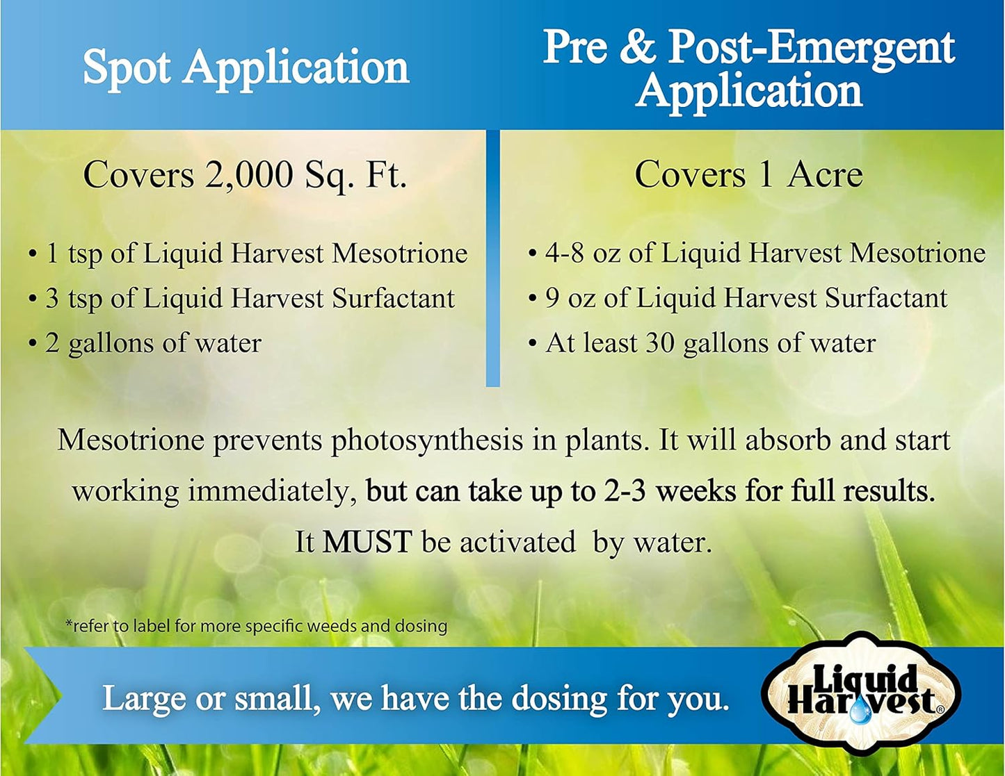 Liquid Harvest Mesotrione - 8oz - Mesotrione Concentrate (Compare to Tenacity) - Pre and Post-Emergent Weed Killer for Lawn and Turf Grasses