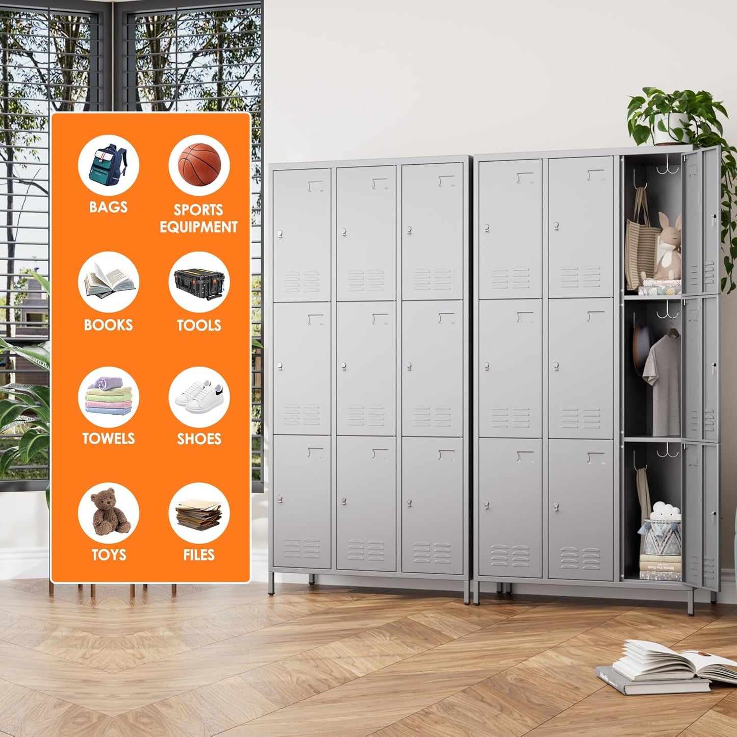 Aobabo Metal Storage Locker for Employees, 9 Doors Lockable Steel Locker with 27 Hooks and 9 Name Card Slot for School Office Gym, Light Grey, Assembly Required