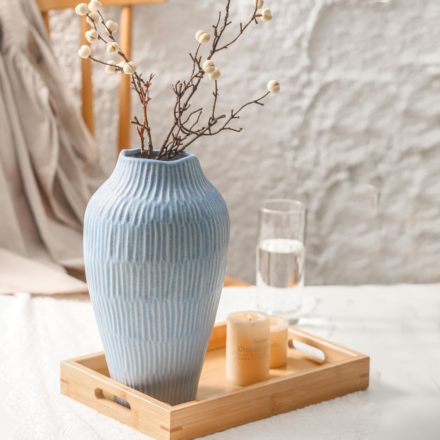 Ceramic Vase for Home Decor,11.6 Inch Flower Vases,Decorative Blue Vase for Pampas Grass,Modern Art Texture Vases for Home Entryway Living Room Dining Table Farmhouse Office Decor-Mat Blue