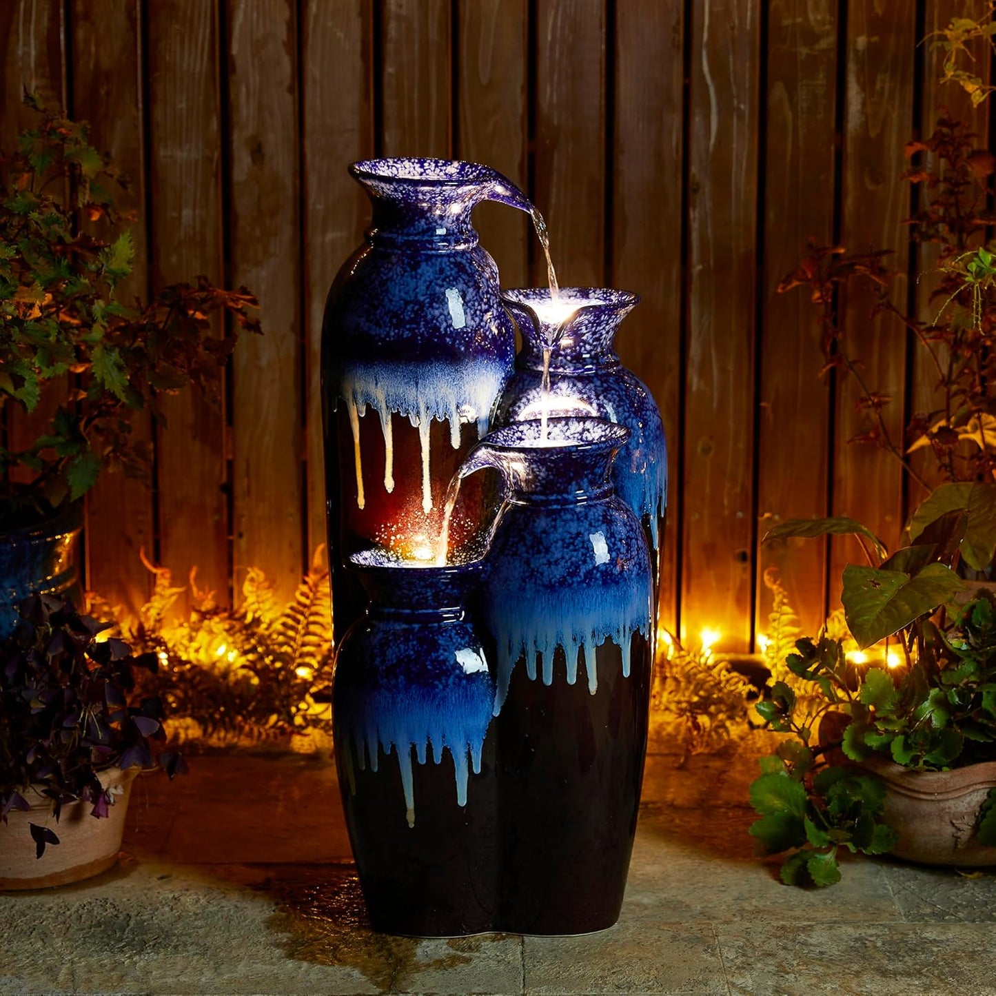Glitzhome 30.75" H Vase Ceramic Outdoor Water Fountain with LED Lights and Pump, 4-Tier Cobalt Blue and Brown Reactive Glaze Cascading Pots Standing Fountain for Porch Deck Garden Patio Backyard