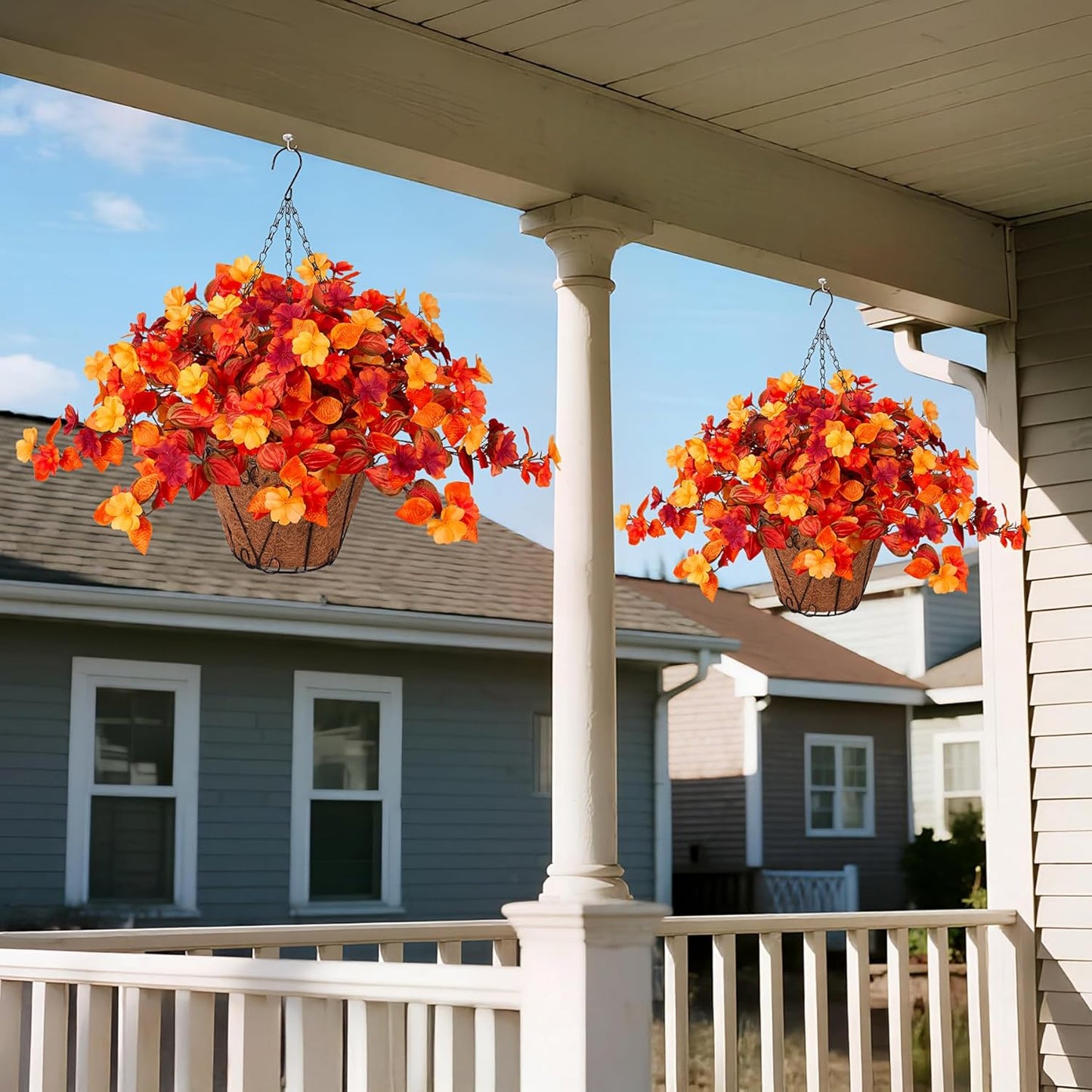 Hanging Artificial Fall Flowers Basket for Outdoors Outside 3PCS Fake Plants Faux Orange Fall Flowers for Outdoors Planters UV Resistant Silk Flowers for Home Porch Patio Garden Autumn Decoration