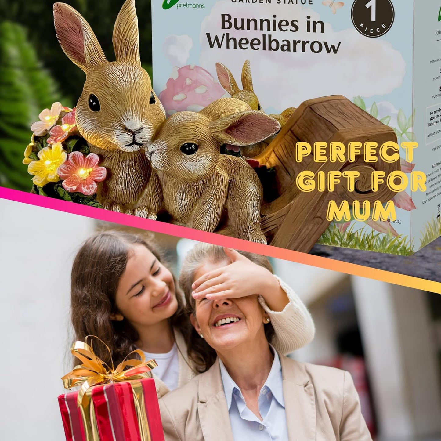 PRETMANNS Solar Rabbit Garden Statue - Mother & Baby Bunny Outdoor Decor with LED Lights for Patio, Yard Ornament & Gifts for Women & Mom - Medium