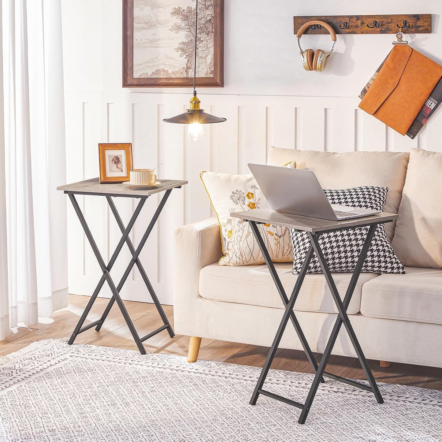HOOBRO Folding TV Tray Table, Wooden TV Tray, Portable Sofa Side Snack Table, Industrial Desk for Small Spaces, Space-Saving, Easy to Install and Fold, Greige and Black BG27BZ01