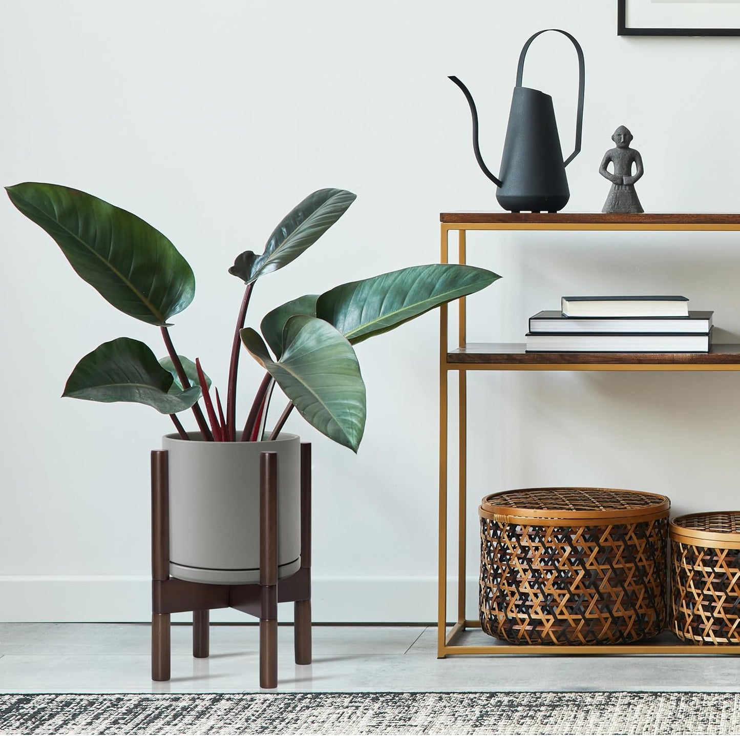 D'vine Dev Ceramic Planter with Walnut Color Stand - 8 Inch Modern Round Flower Pot with Wood Planter Holder, Grey, 55-B-Y-3