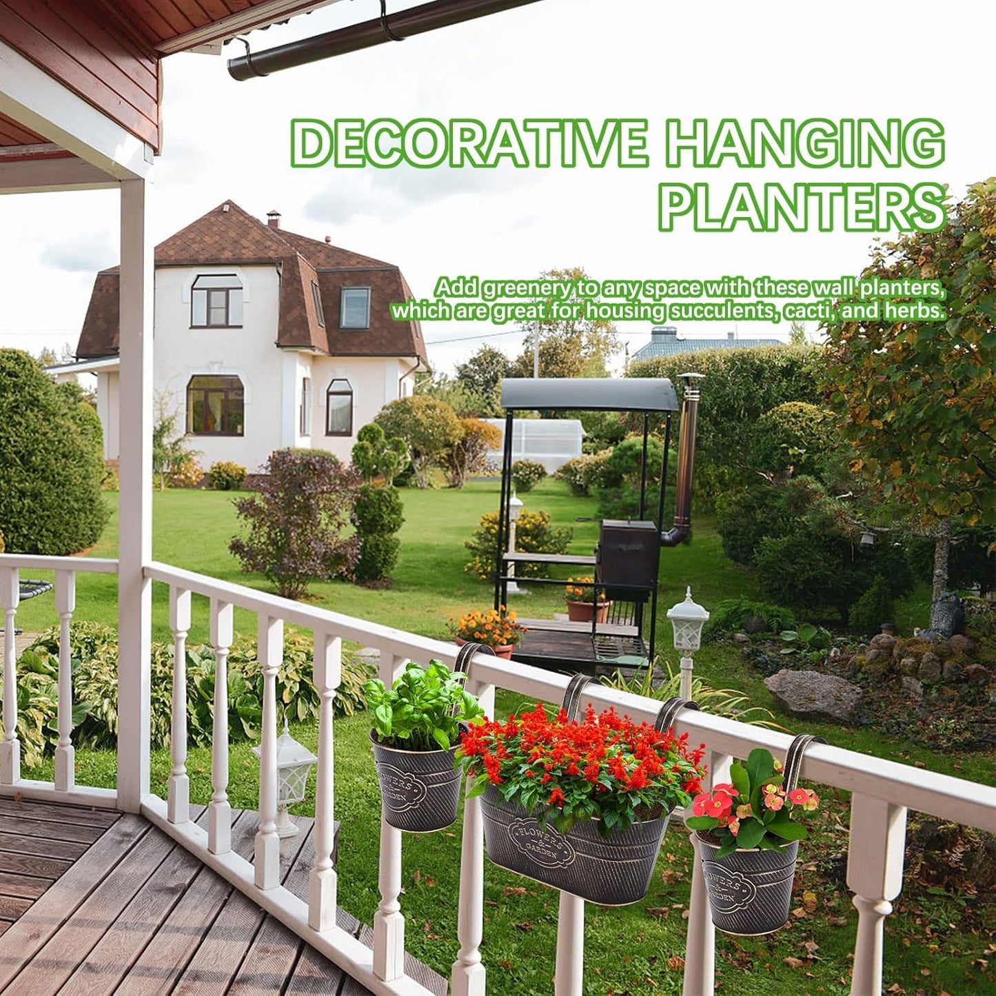 PerGar Vintage Metal Iron Wall Hanging Flower Pots, Rustic Planter Bucket Herb Flower Plant Holder with Detachable Hooks & Drainage Hole for Railing Fence Balcony Deck Garden Home Decoration, Set of 3